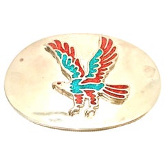 70'S Navajo Style Silver Turquoise & Coral Thunderbird Belt Buckle