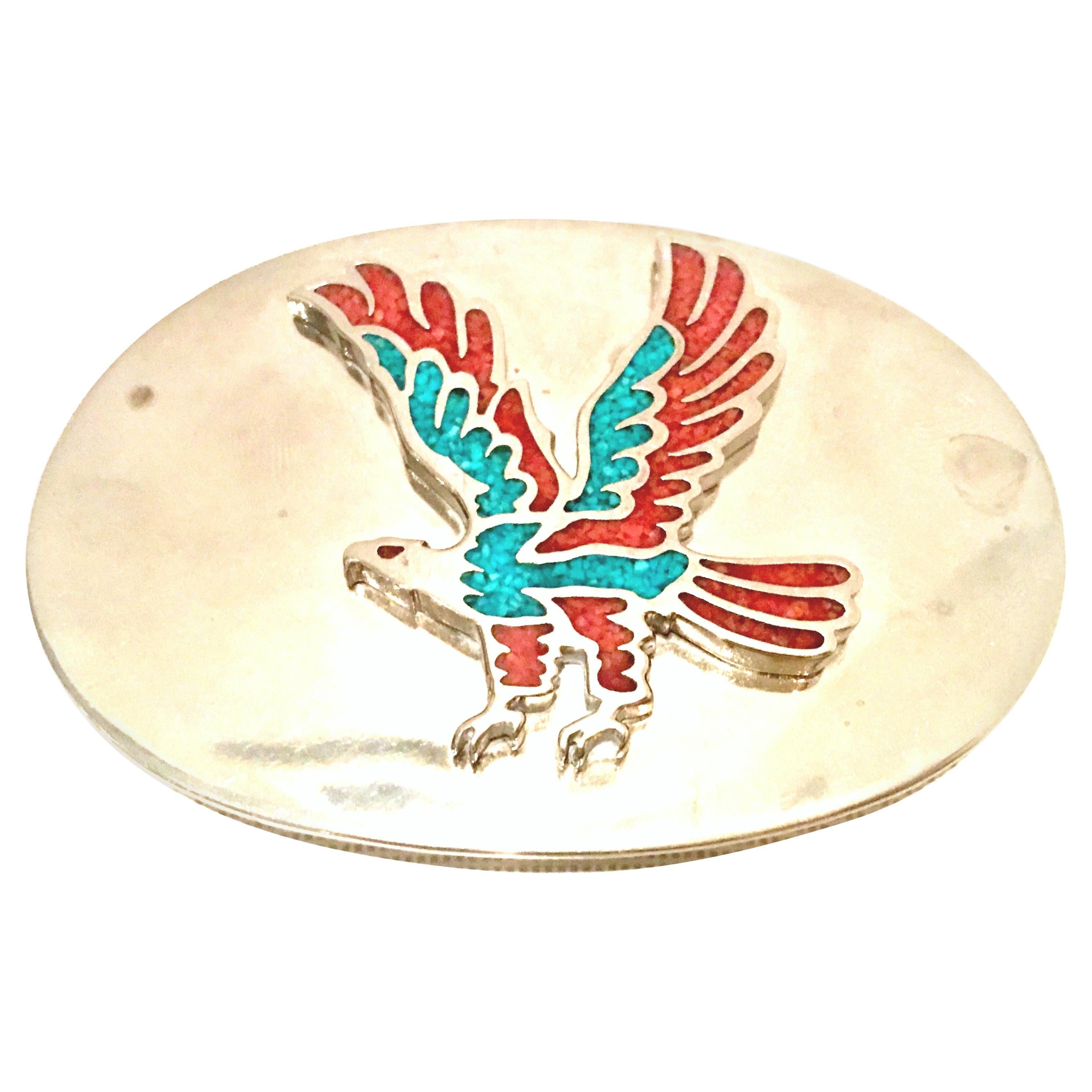 70'S Navajo Style Silver Turquoise & Coral Thunderbird Belt Buckle For Sale