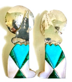 70'S Navajo Style Sterling Turquoise Malachite & MOP Earrings-Signed
