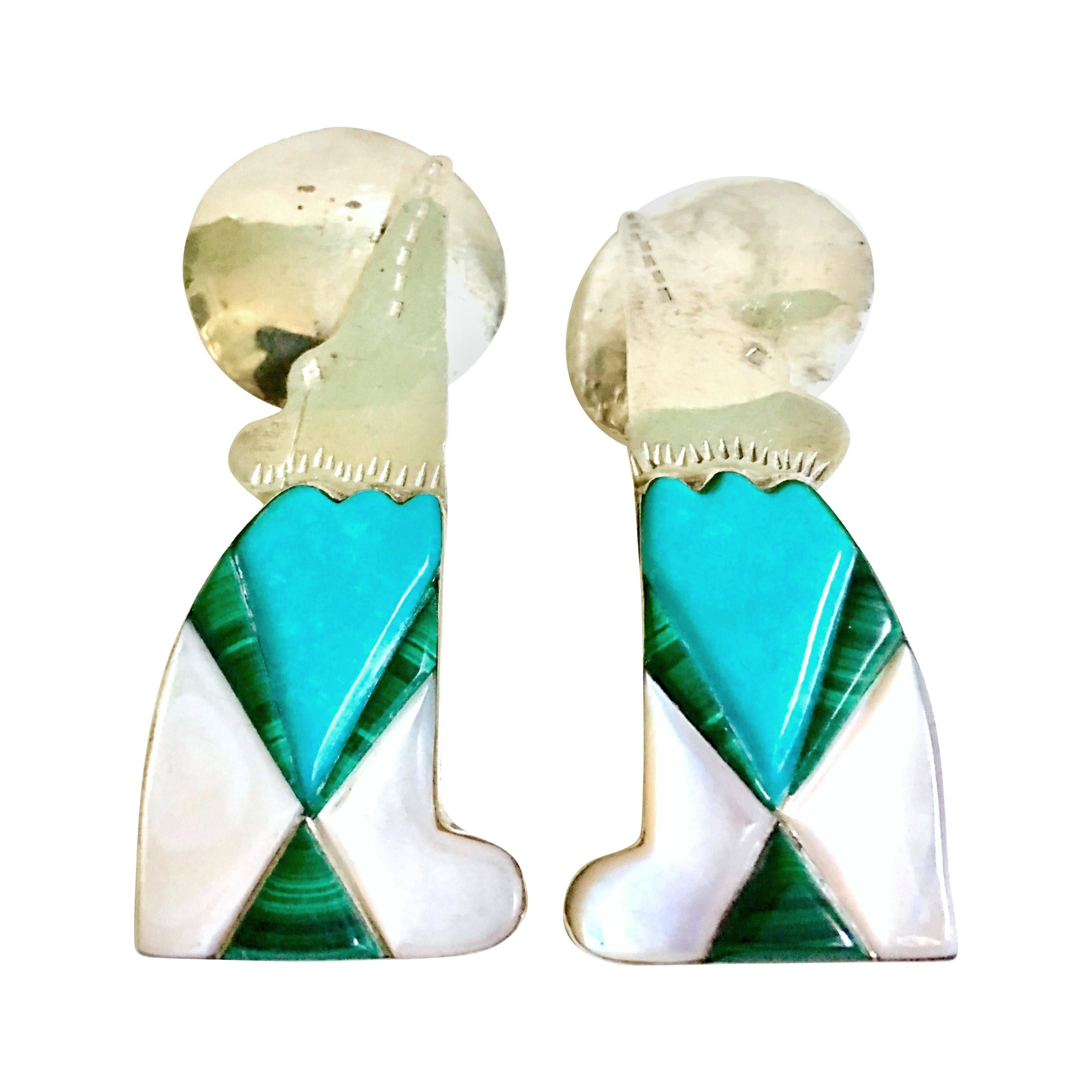 70'S Navajo Style Sterling Turquoise Malachite & MOP Earrings-Signed For Sale