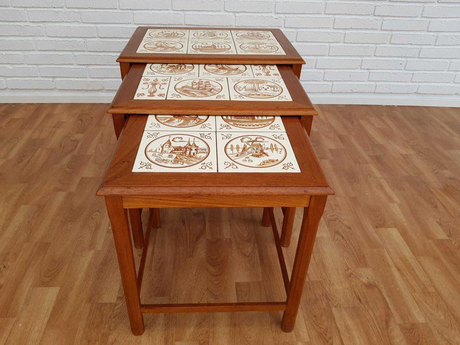 70s, Nesting Table, Danish Design, Hand-Painted Ceramic Tiles, Teak Wood For Sale 9