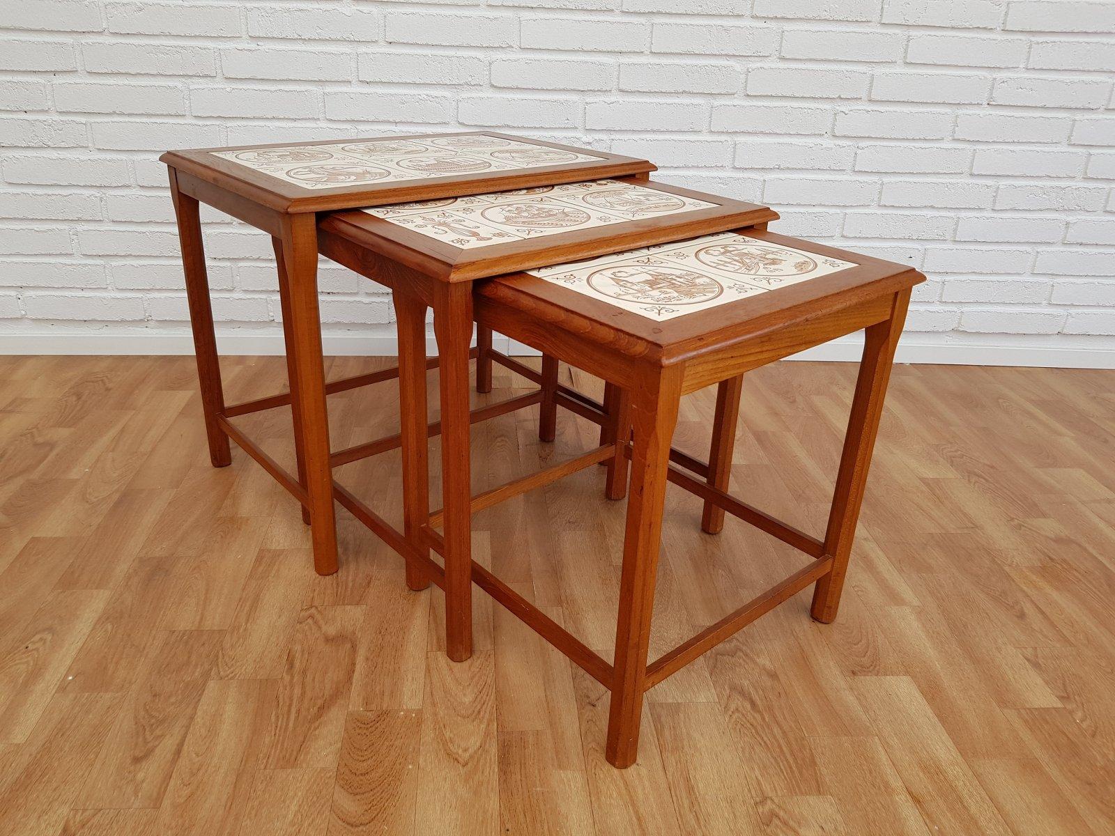 70s Nesting Table Danish Design Hand Painted Ceramic Tiles Teak 