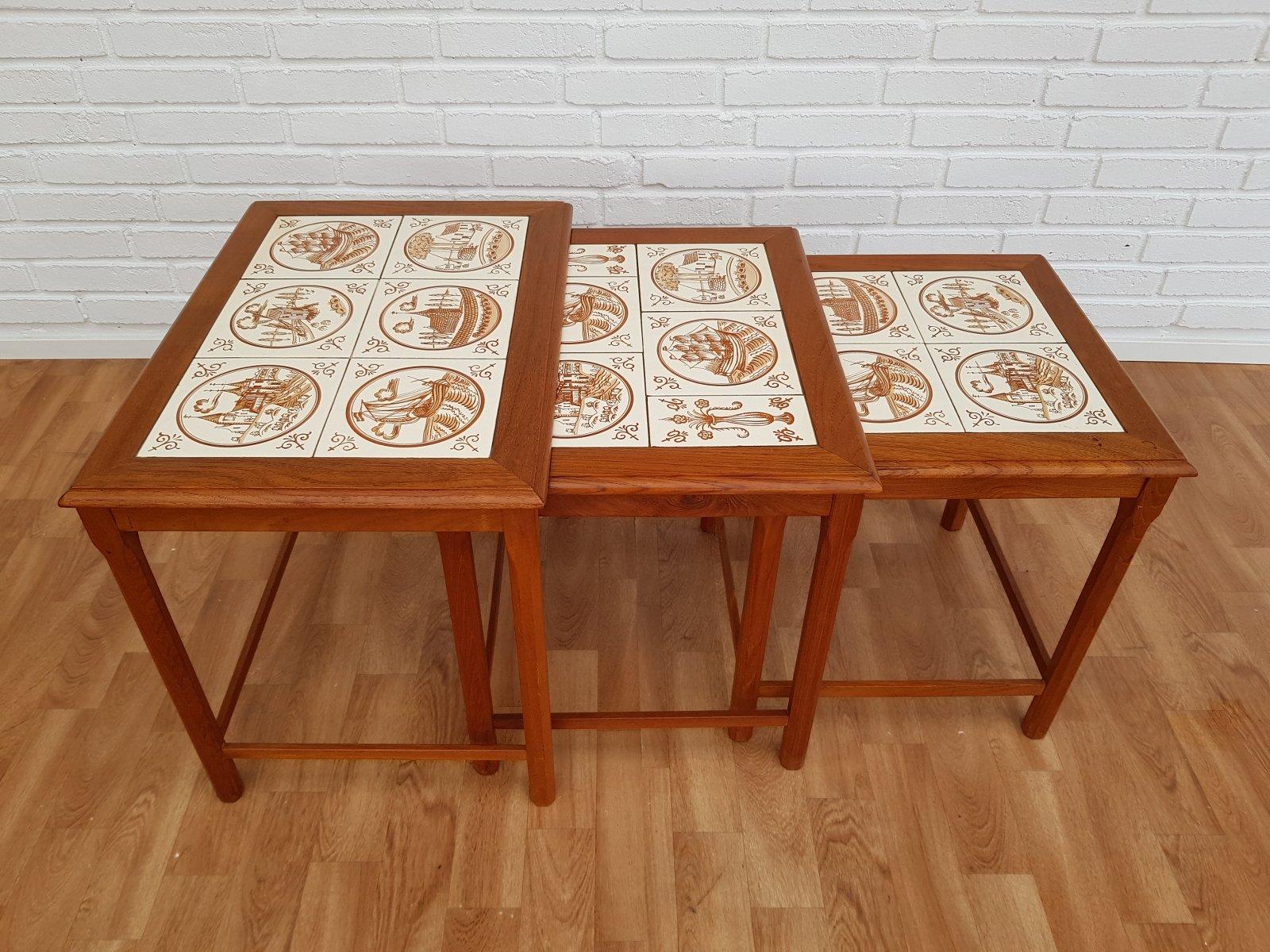 70s, Nesting Table, Danish Design, Hand-Painted Ceramic Tiles, Teak Wood For Sale 1