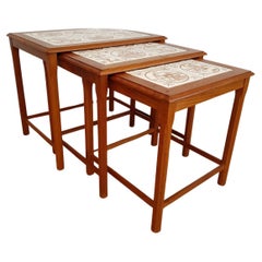 Used 70s, Nesting Table, Danish Design, Hand-Painted Ceramic Tiles, Teak Wood