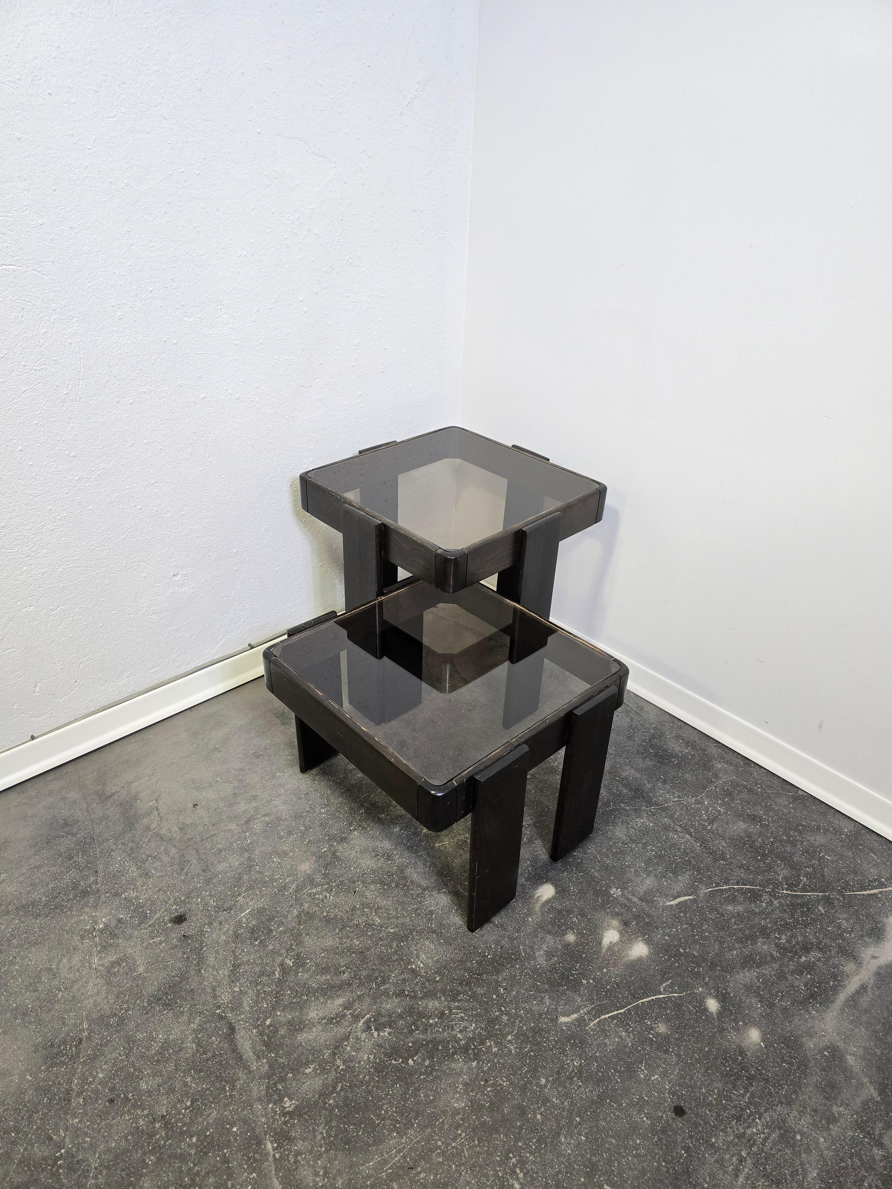 Mid-Century Modern 70s Nesting Tables with Smoked Glass For Sale