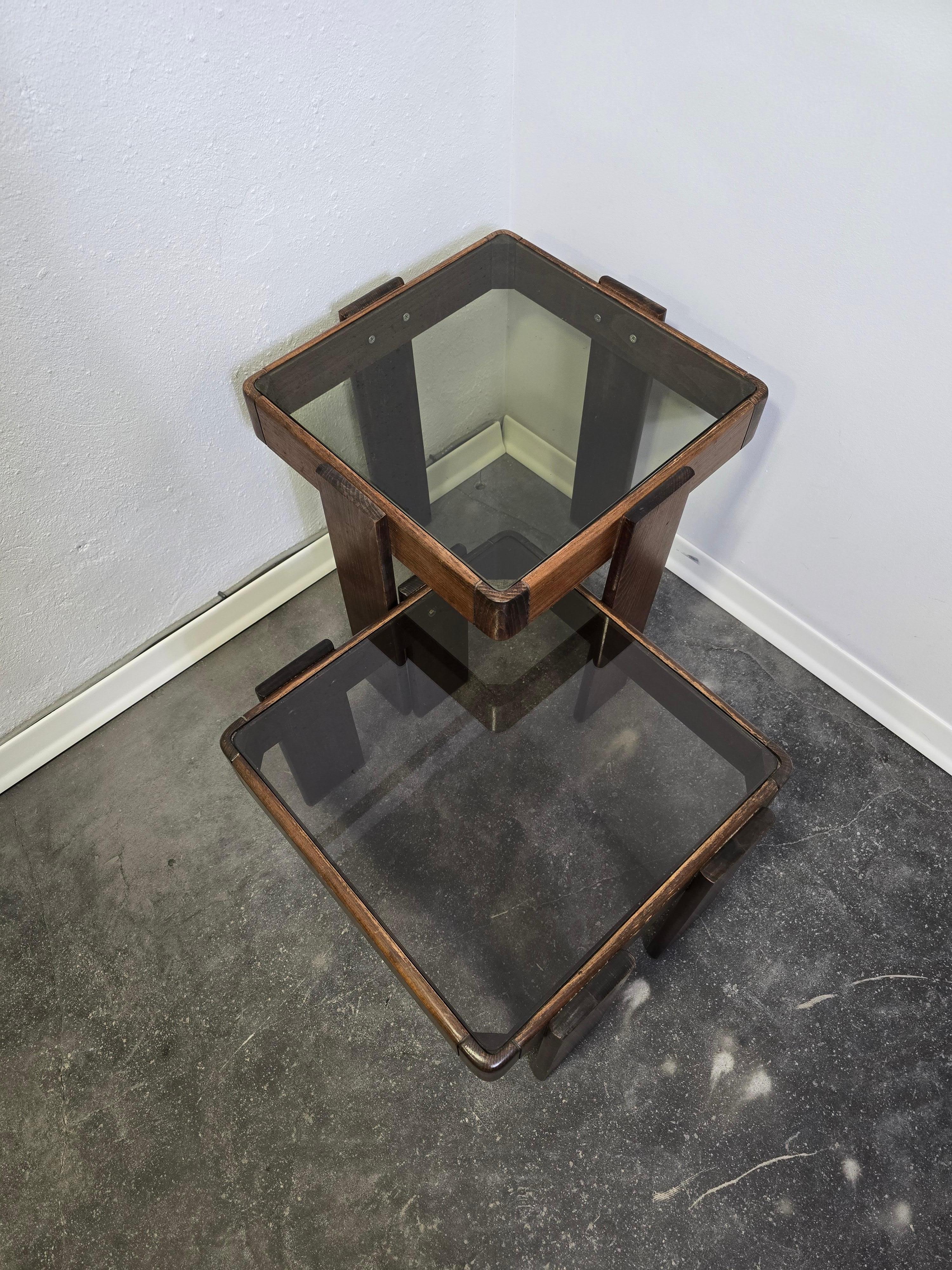 Slovenian 70s Nesting Tables with Smoked Glass For Sale