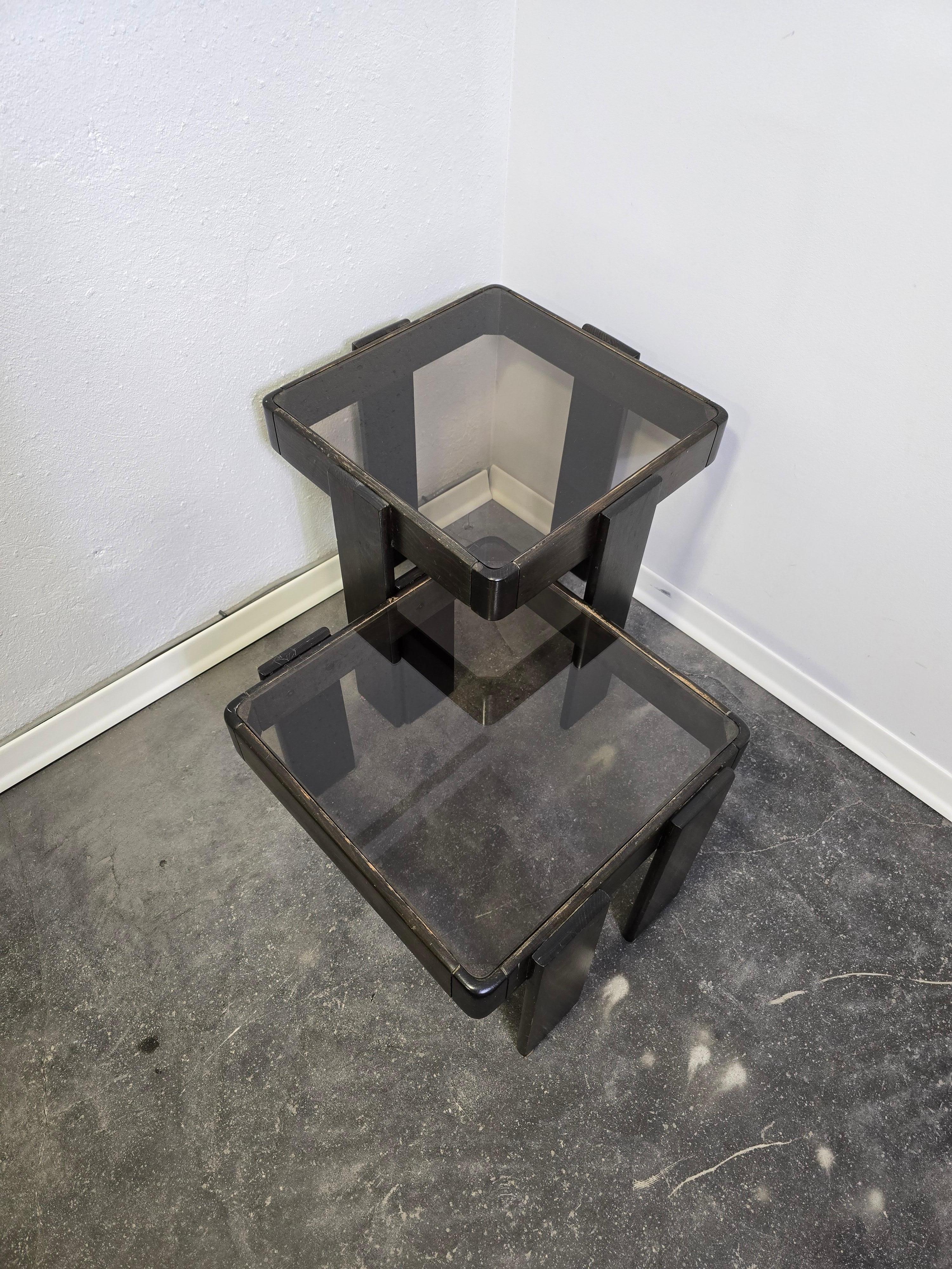 Slovenian 70s Nesting Tables with Smoked Glass For Sale