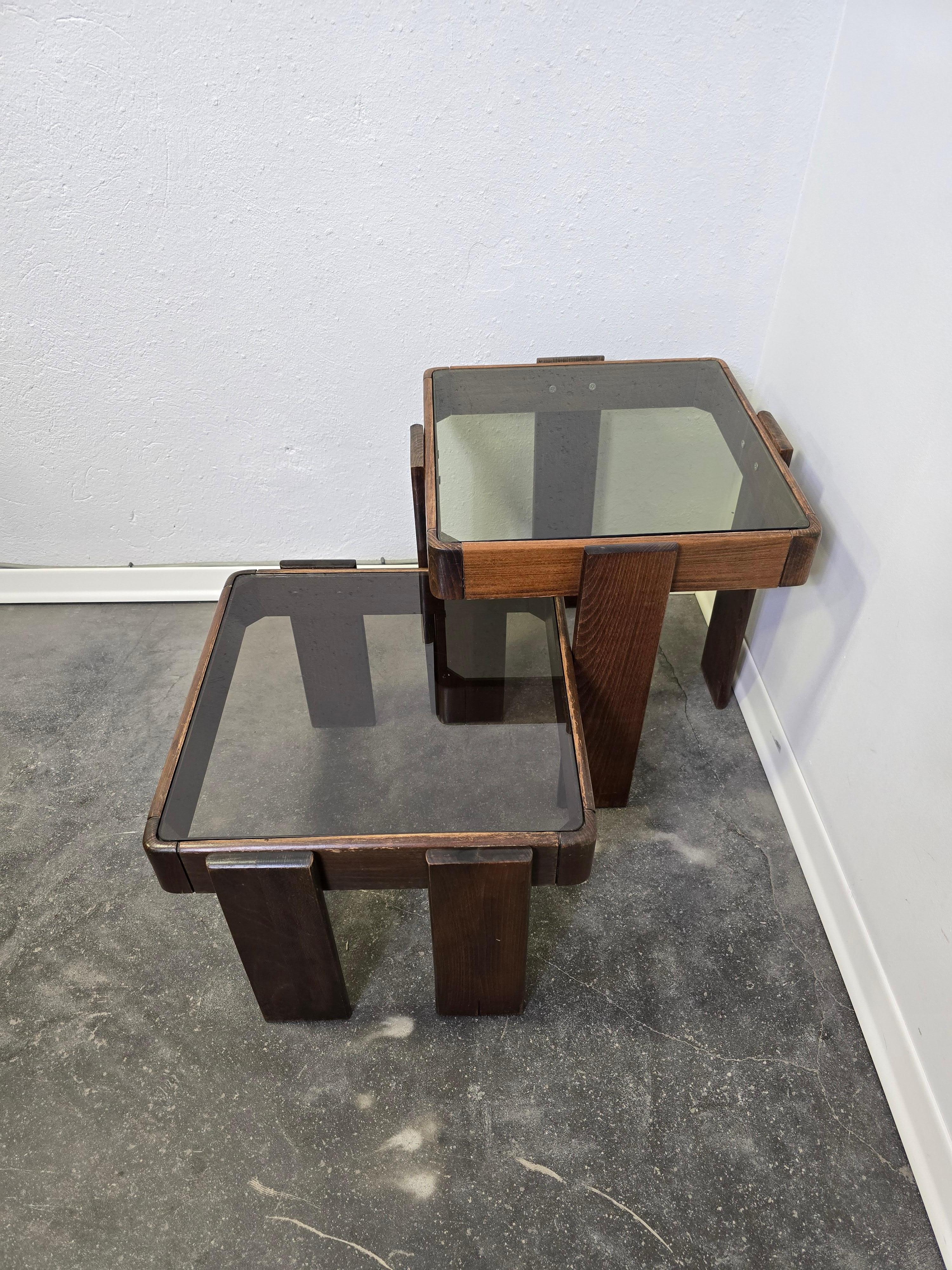Late 20th Century 70s Nesting Tables with Smoked Glass For Sale