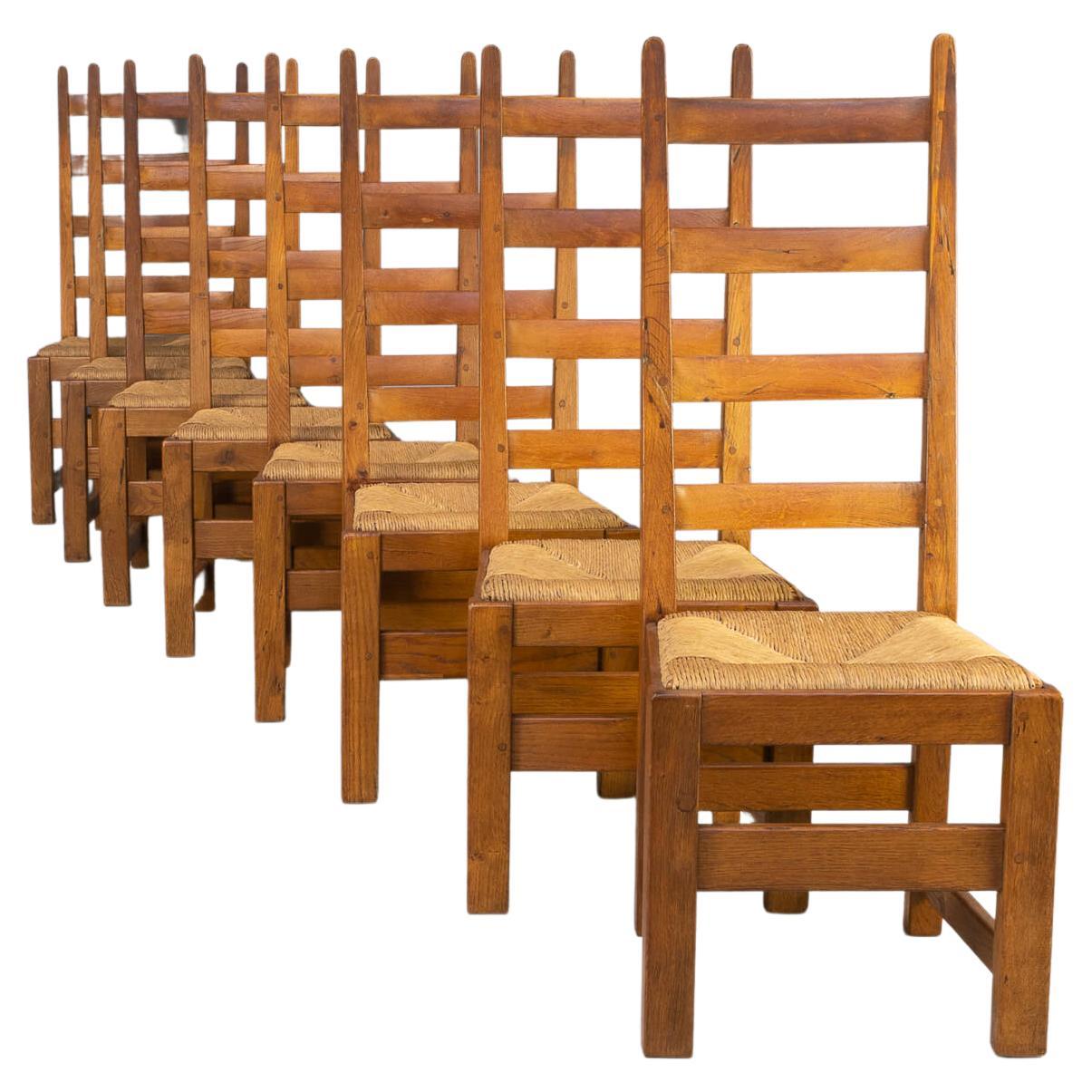 70s Oak and Wicker Brutalist High Back Dining Chair Set/8 For Sale at