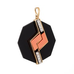 70s Onyx Coral Diamond Pendant Large Octagon 14k Yellow Gold Fine Jewelry