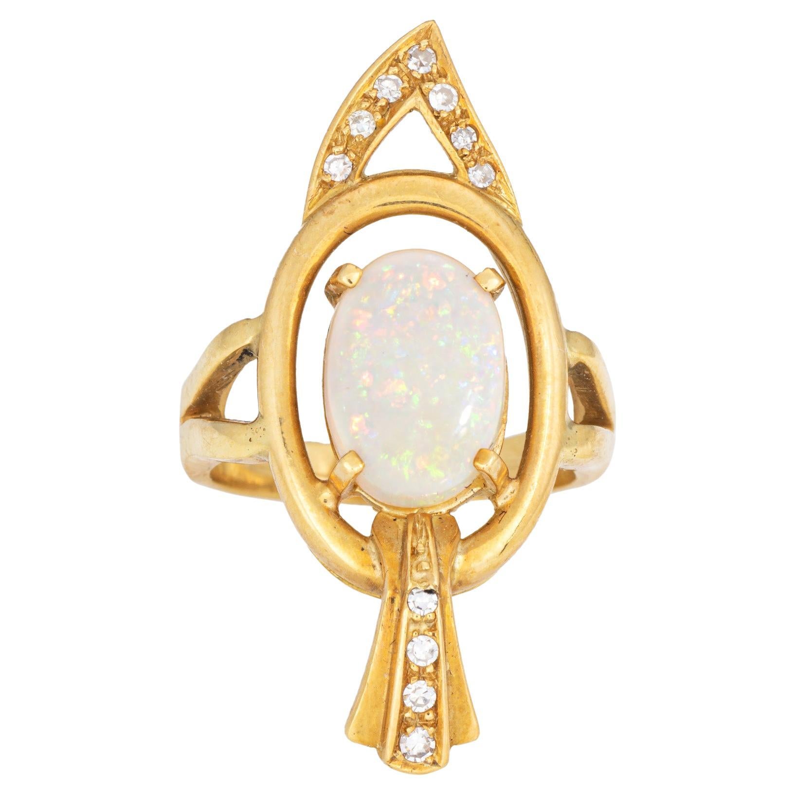70s Opal Diamond Abstract Ring Sz 5 Vintage 18k Gold Cocktail Fine Jewelry