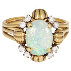 70er Jahre Opal Diamantring Vintage 18k Gelbgold Gr. 7,25 Cocktail Estate Jewelry, Vintage