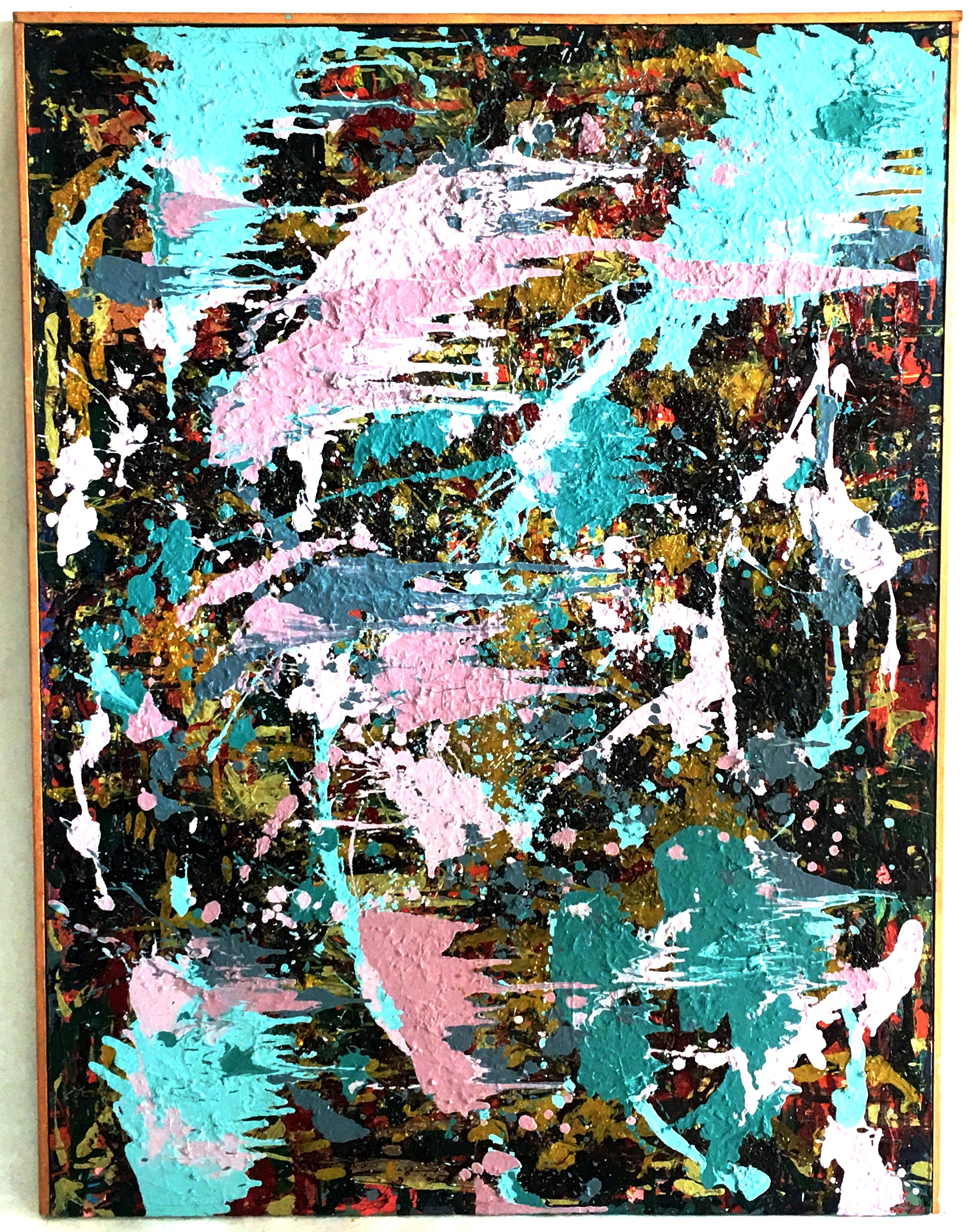 1970'S Original oil on canvas impasto abstract painting by, Karen Sadenwater. This Artist-signed large scale original piece of art is heavily textured with fantastic depth and color. Features a black ground with vivid turquoise, pink, orange, red,