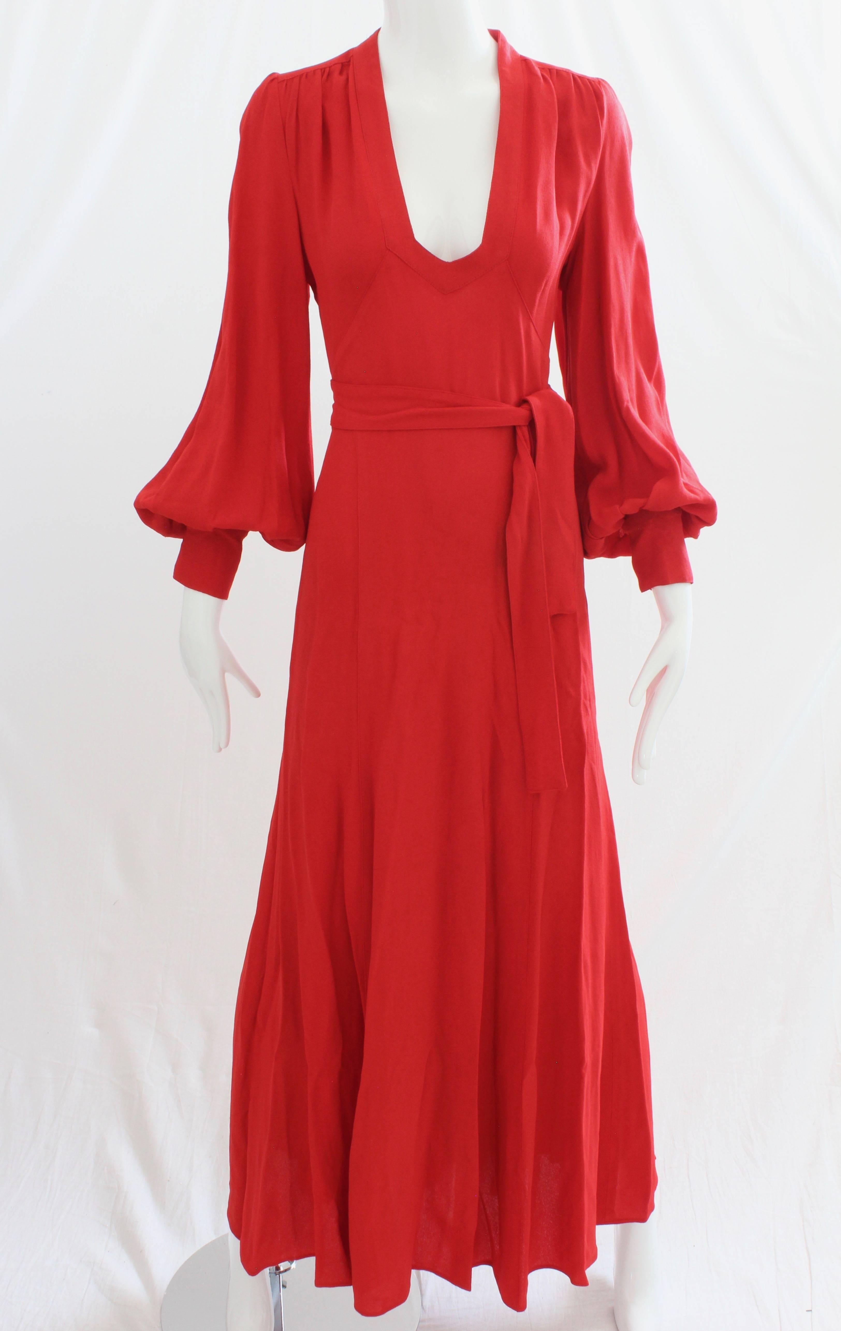 Ossie Clark Long Red Open Back Wrap Tie Belt Original Cuddle Dress, 1970s 1