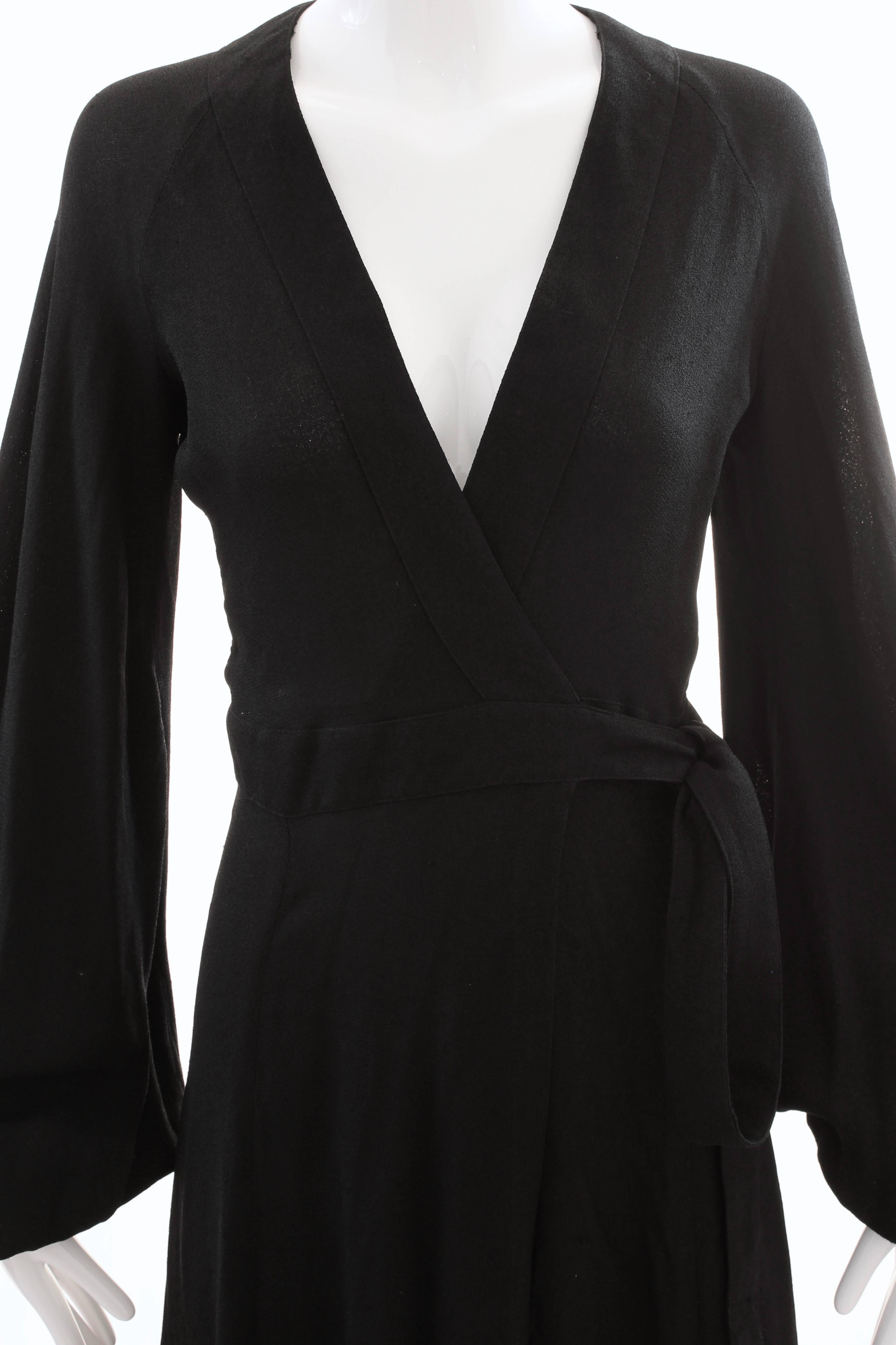 Ossie Clark for Quorum Black Cuddle Maxi Open Back Moss Crepe Wrap Dress UK 10 In Good Condition In Port Saint Lucie, FL