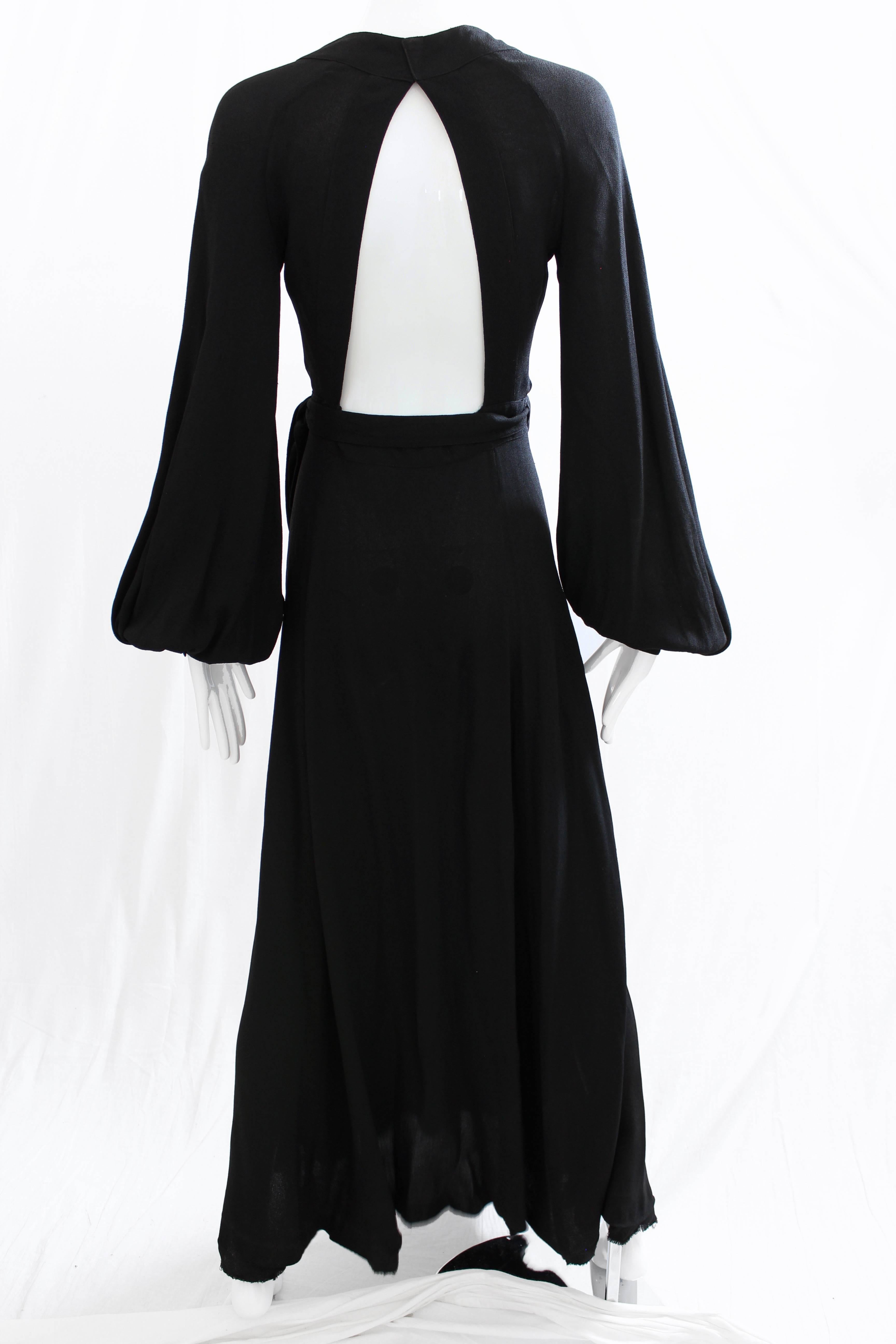 Ossie Clark for Quorum Black Cuddle Maxi Open Back Moss Crepe Wrap Dress UK 10 1