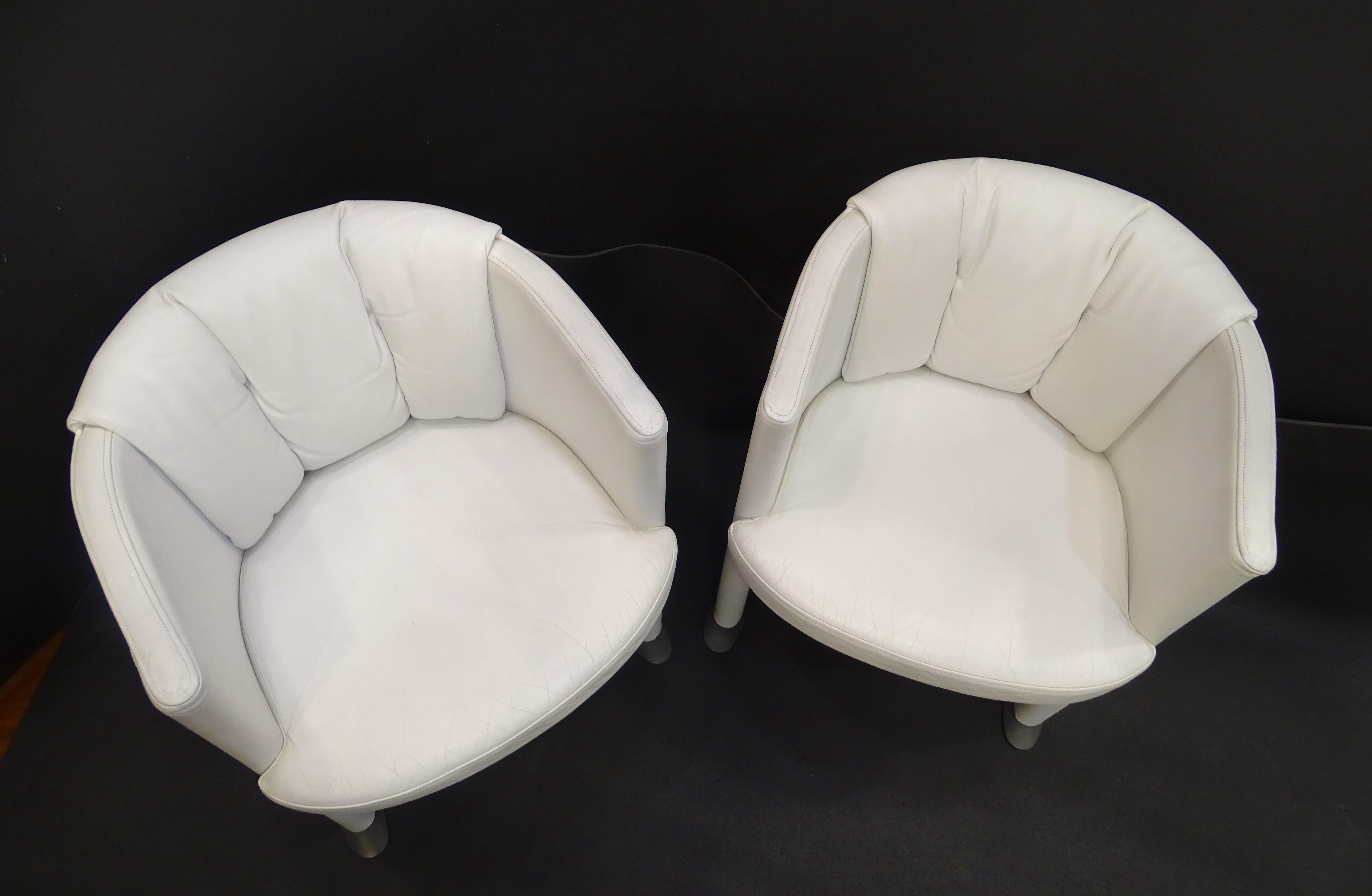 70s Pair Artdeco German White Leather Armchairs, Steel For Sale 10