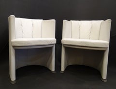 70s Pair Artdeco German White Leather Armchairs, Steel