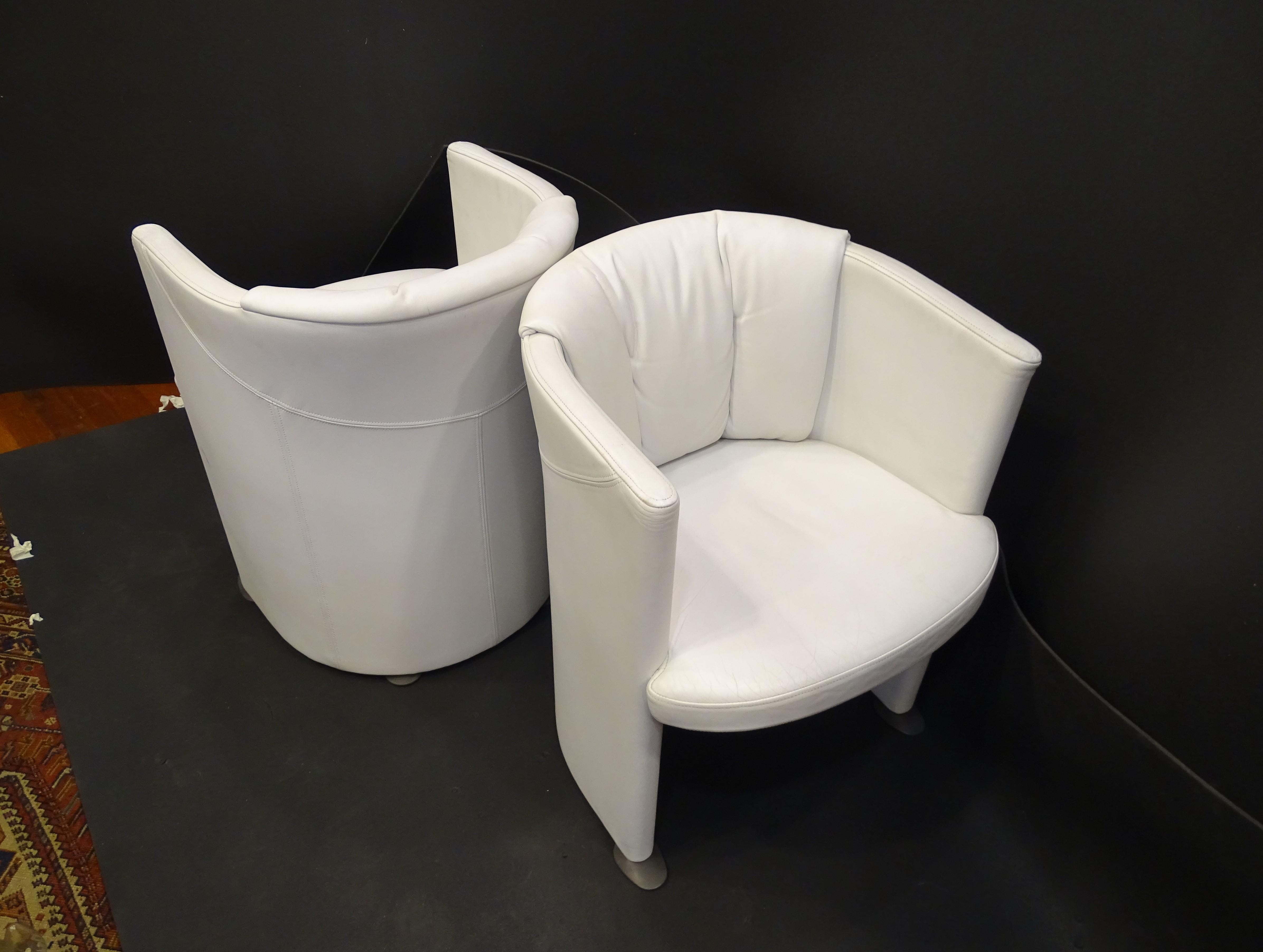 Hand-Crafted 70s Pair Artdeco German White Leather Armchairs, Steel For Sale