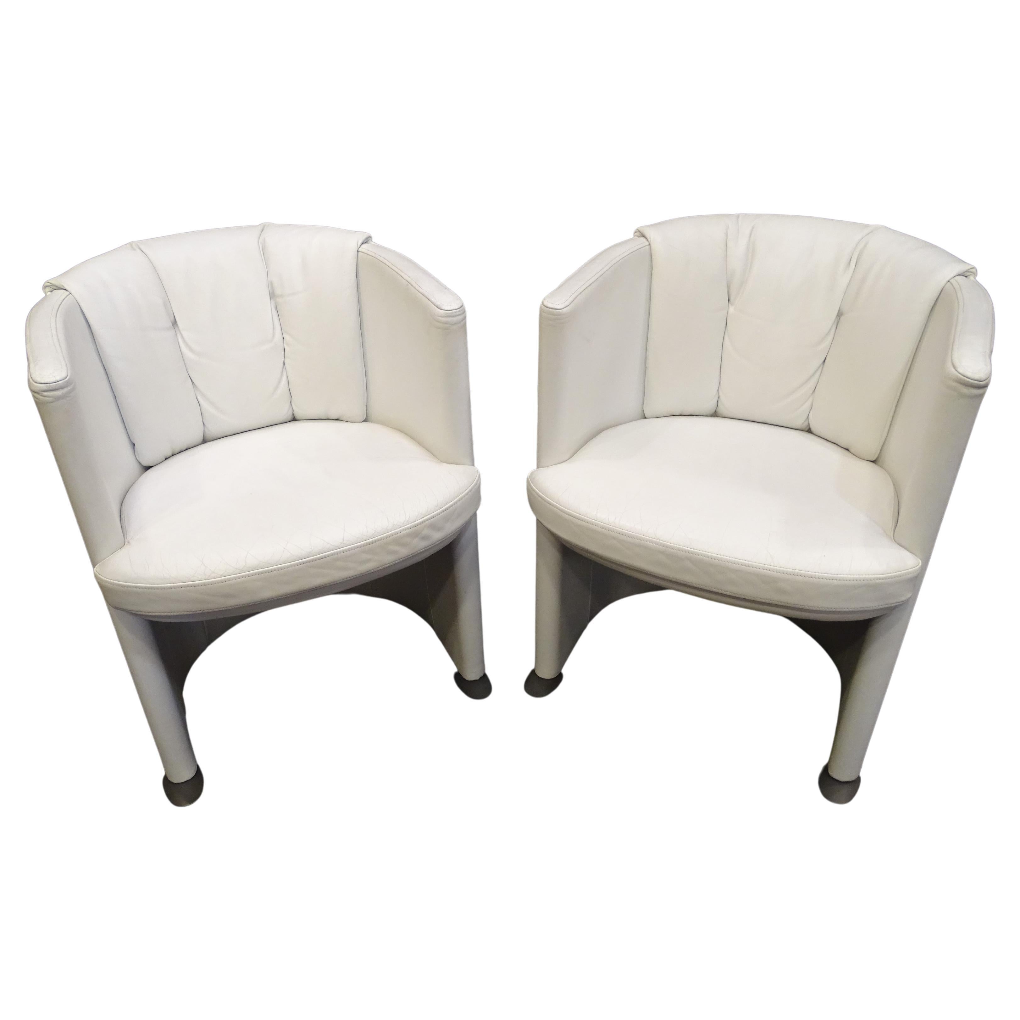 70s Pair Artdeco German White Leather Armchairs, Steel For Sale