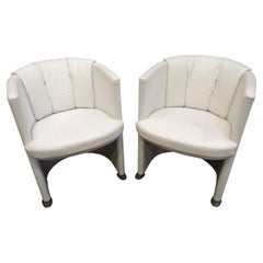 70s Pair Artdeco German White Leather Armchairs, Steel