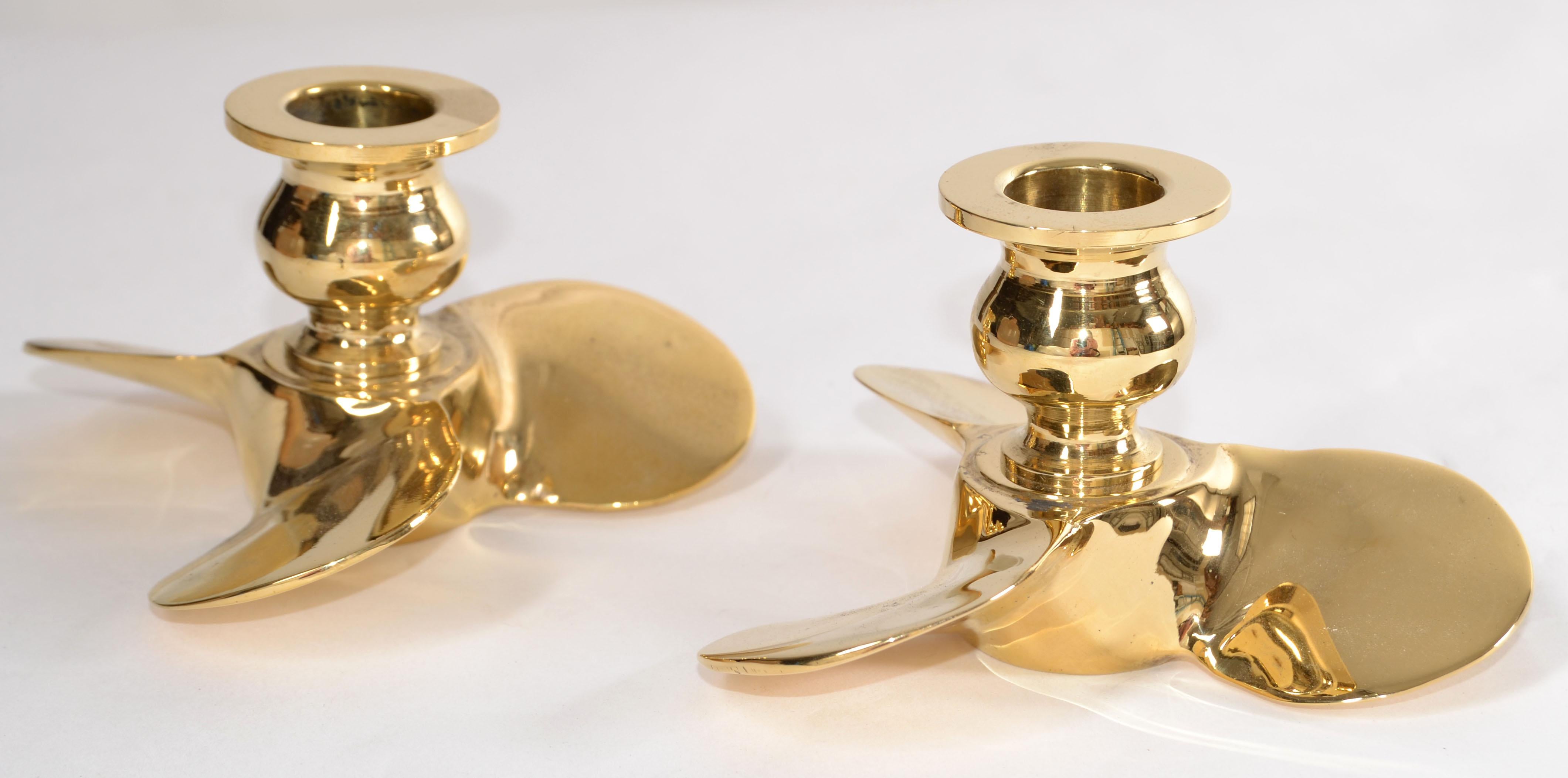 Paar Propellor-Kerzenhalter aus polierter Bronze, nautisch-industriell, Midcentury, 70er Jahre im Angebot 4