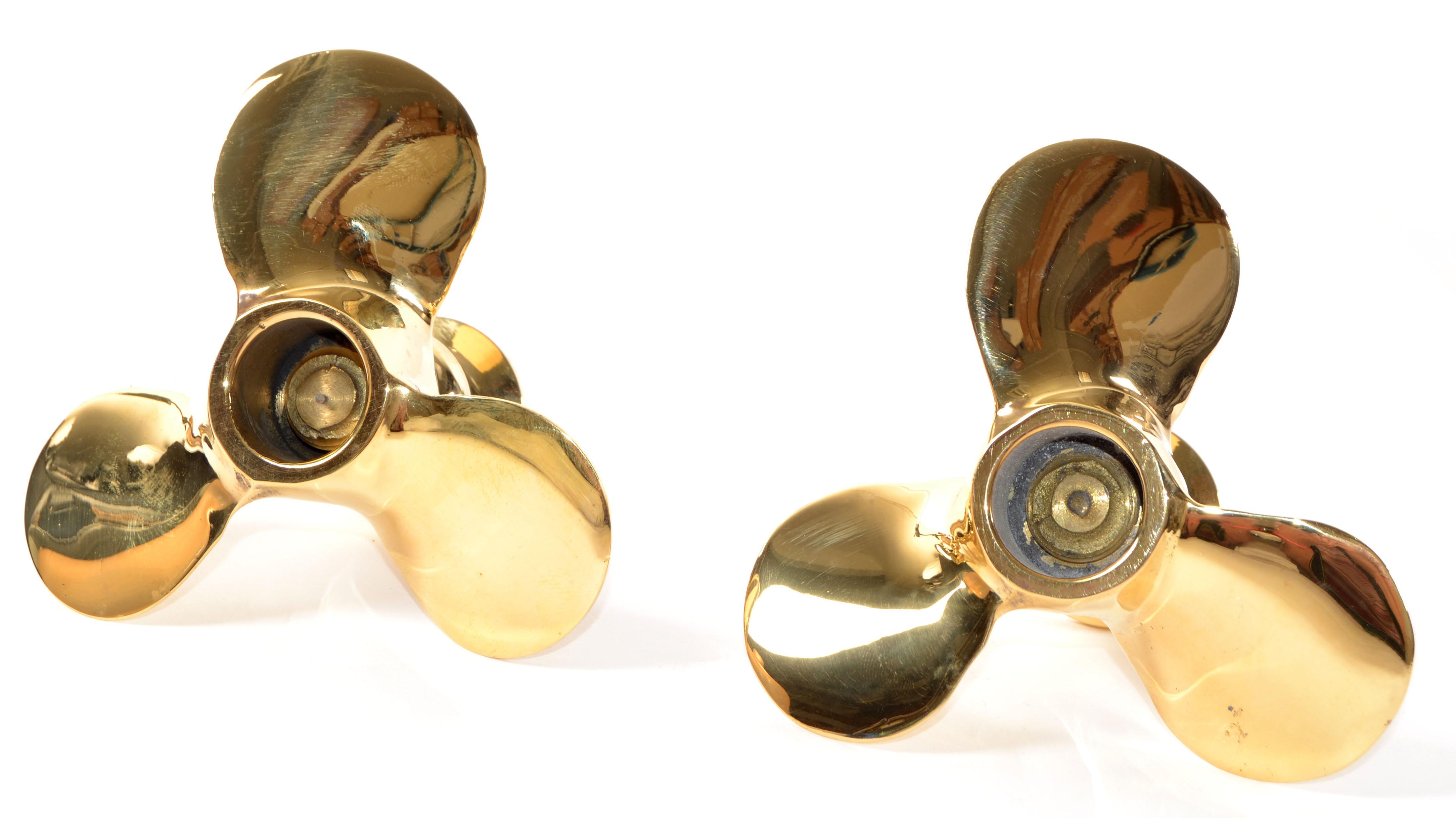 70s Pair Polished Bronze Propellor Candle Holders Nautical Industrial Midcentury For Sale 4