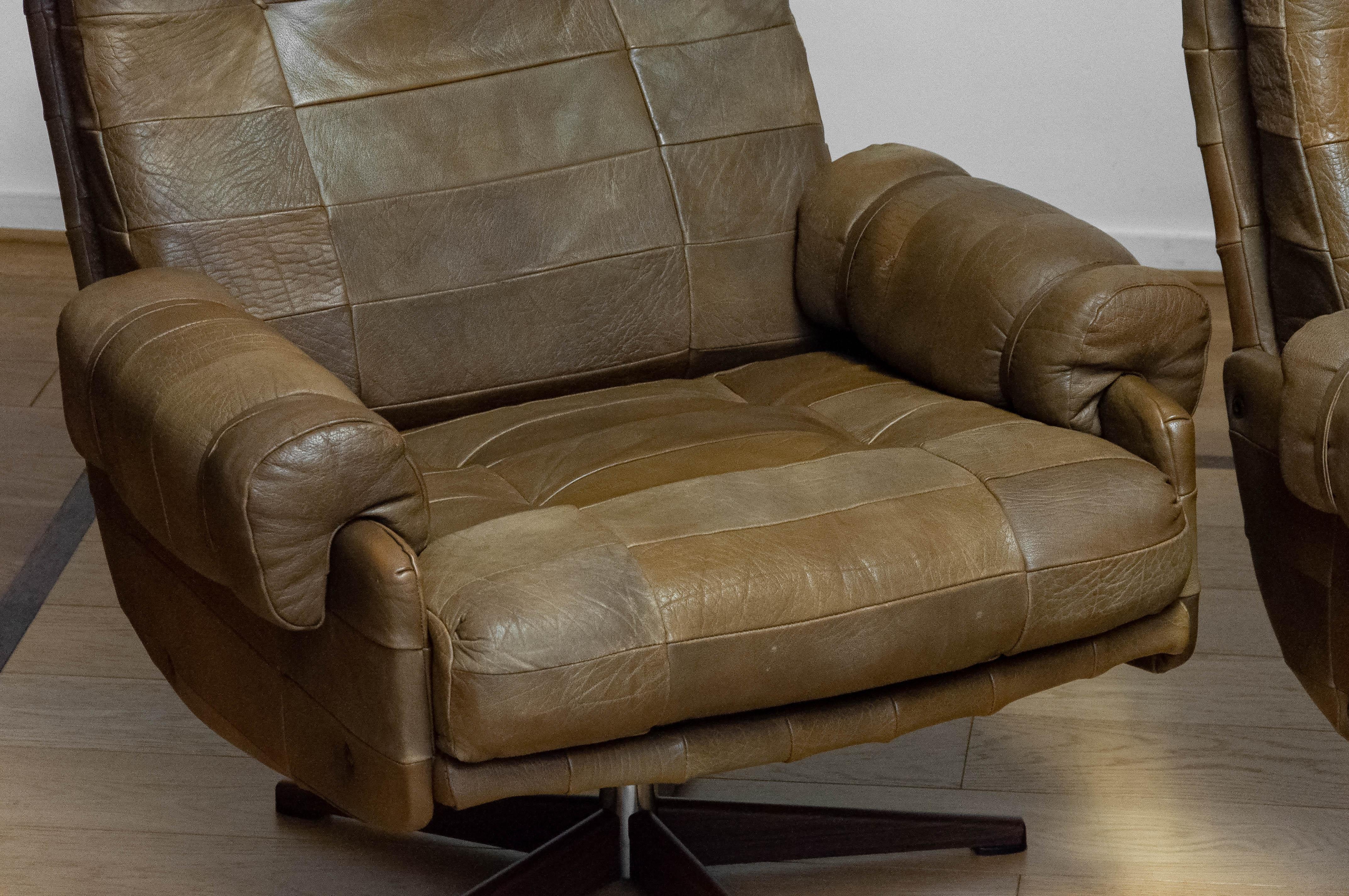 70s Pair Swivel Chairs By Arne Norell In Sturdy Olive Green Buffalo Leather 6