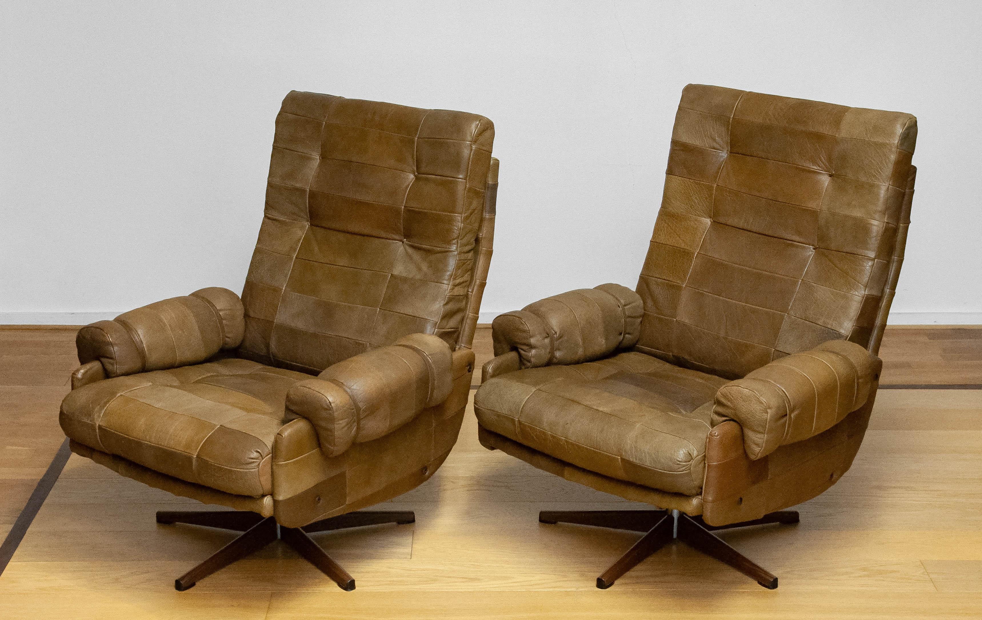 Scandinavian Modern 70s Pair Swivel Chairs By Arne Norell In Sturdy Olive Green Buffalo Leather