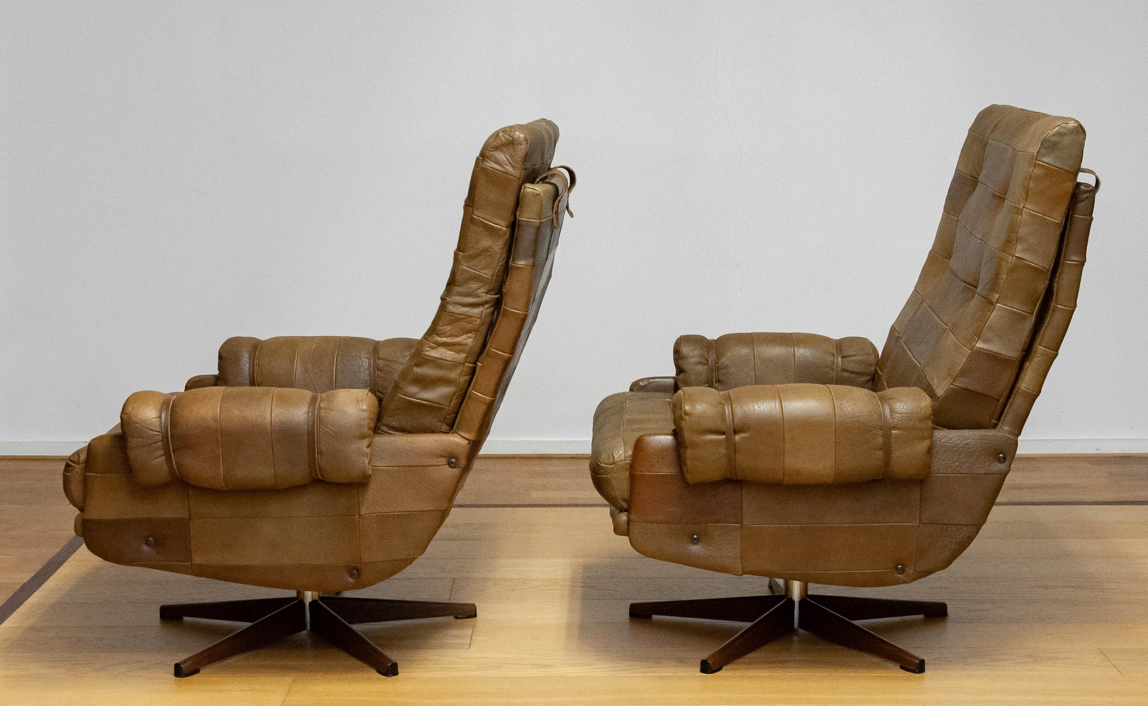 Swedish 70s Pair Swivel Chairs By Arne Norell In Sturdy Olive Green Buffalo Leather