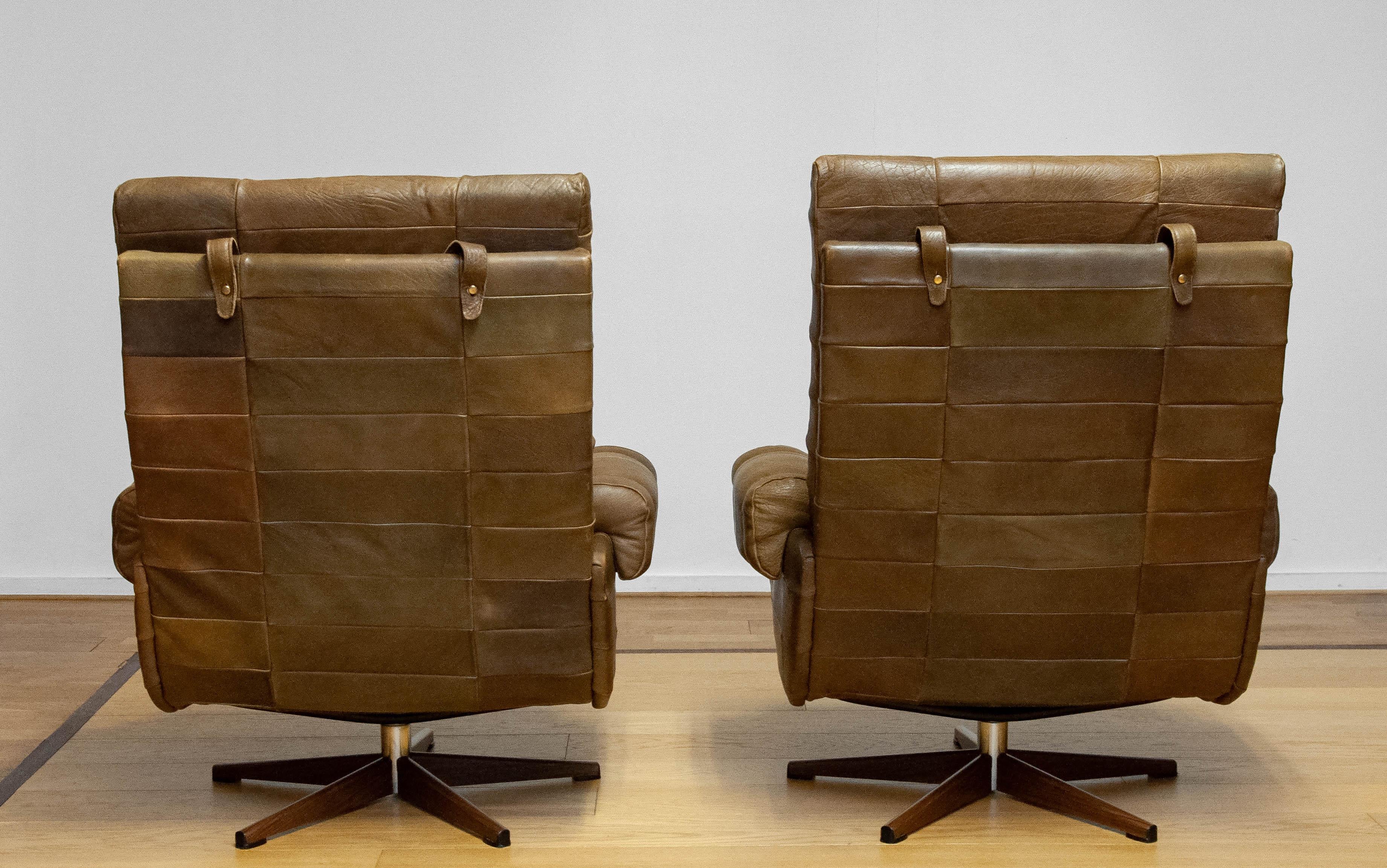 Late 20th Century 70s Pair Swivel Chairs By Arne Norell In Sturdy Olive Green Buffalo Leather