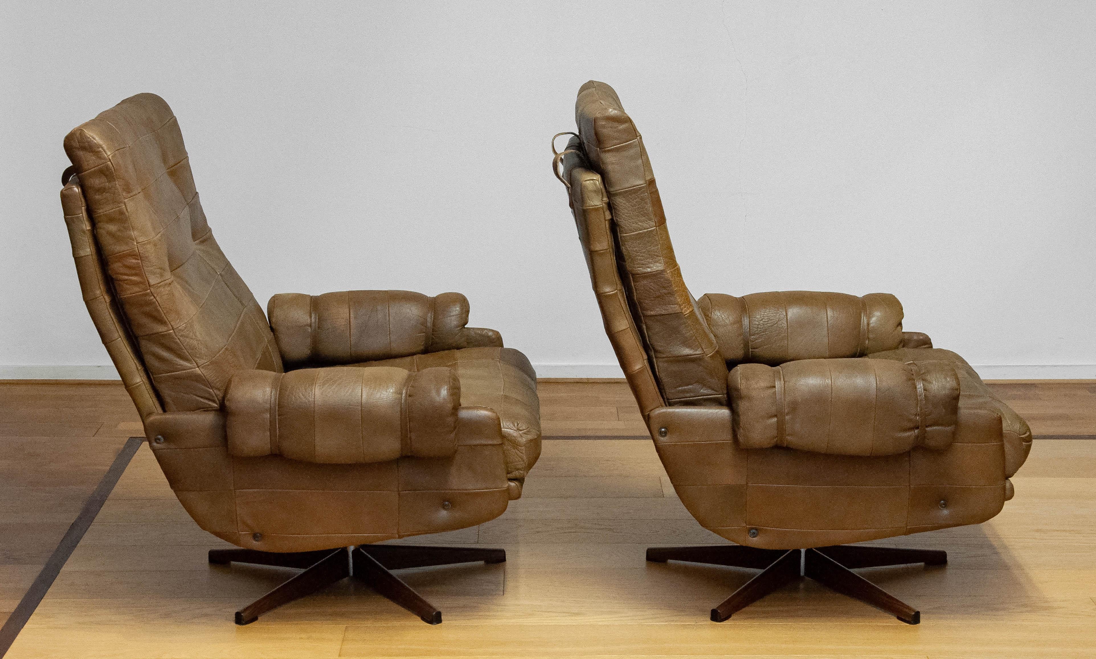 70s Pair Swivel Chairs By Arne Norell In Sturdy Olive Green Buffalo Leather 1
