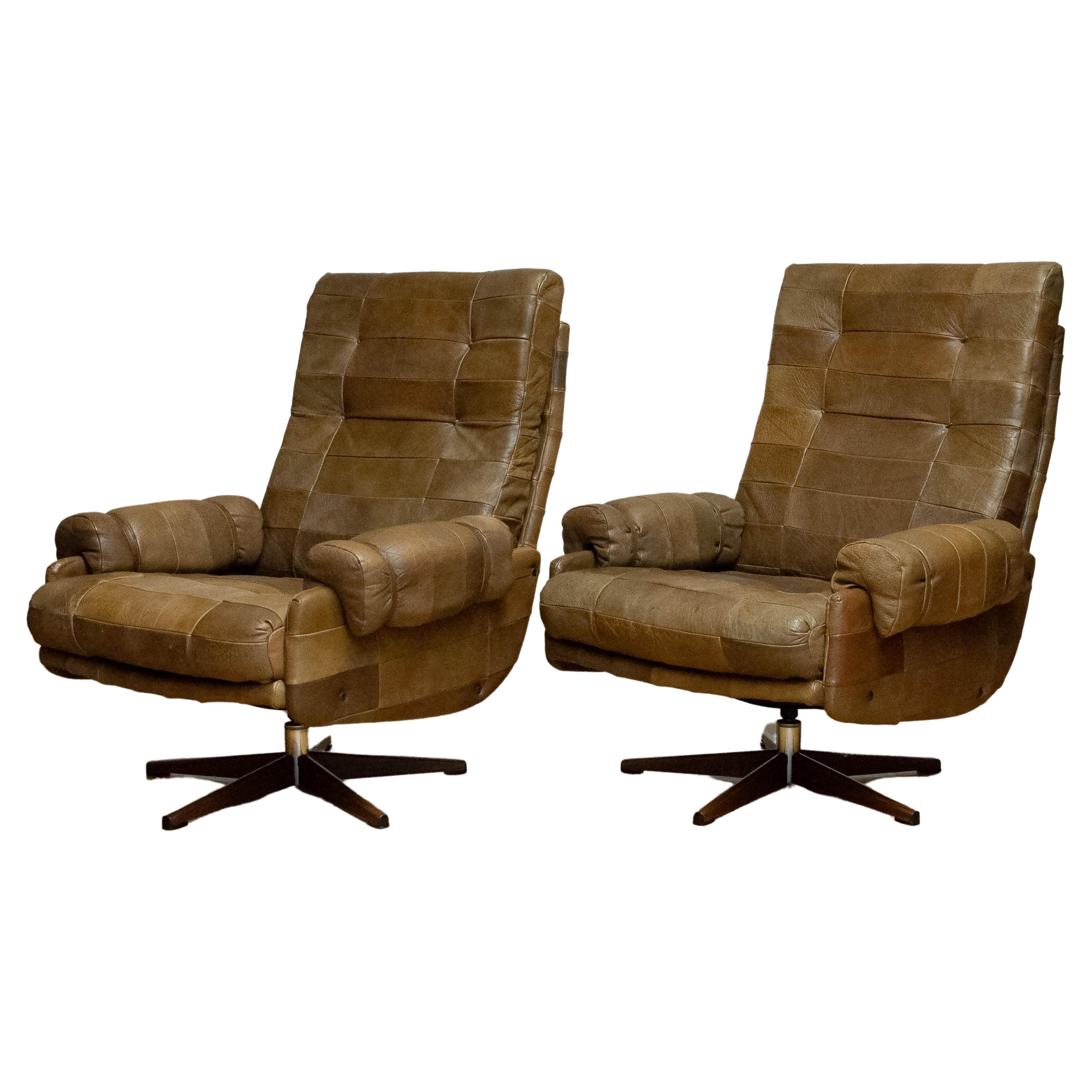 70s Pair Swivel Chairs By Arne Norell In Sturdy Olive Green Buffalo Leather