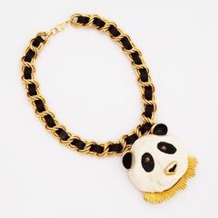 70s Panda Face Pendant Statement Necklace w Woven Black Leather Chain By RAZZA