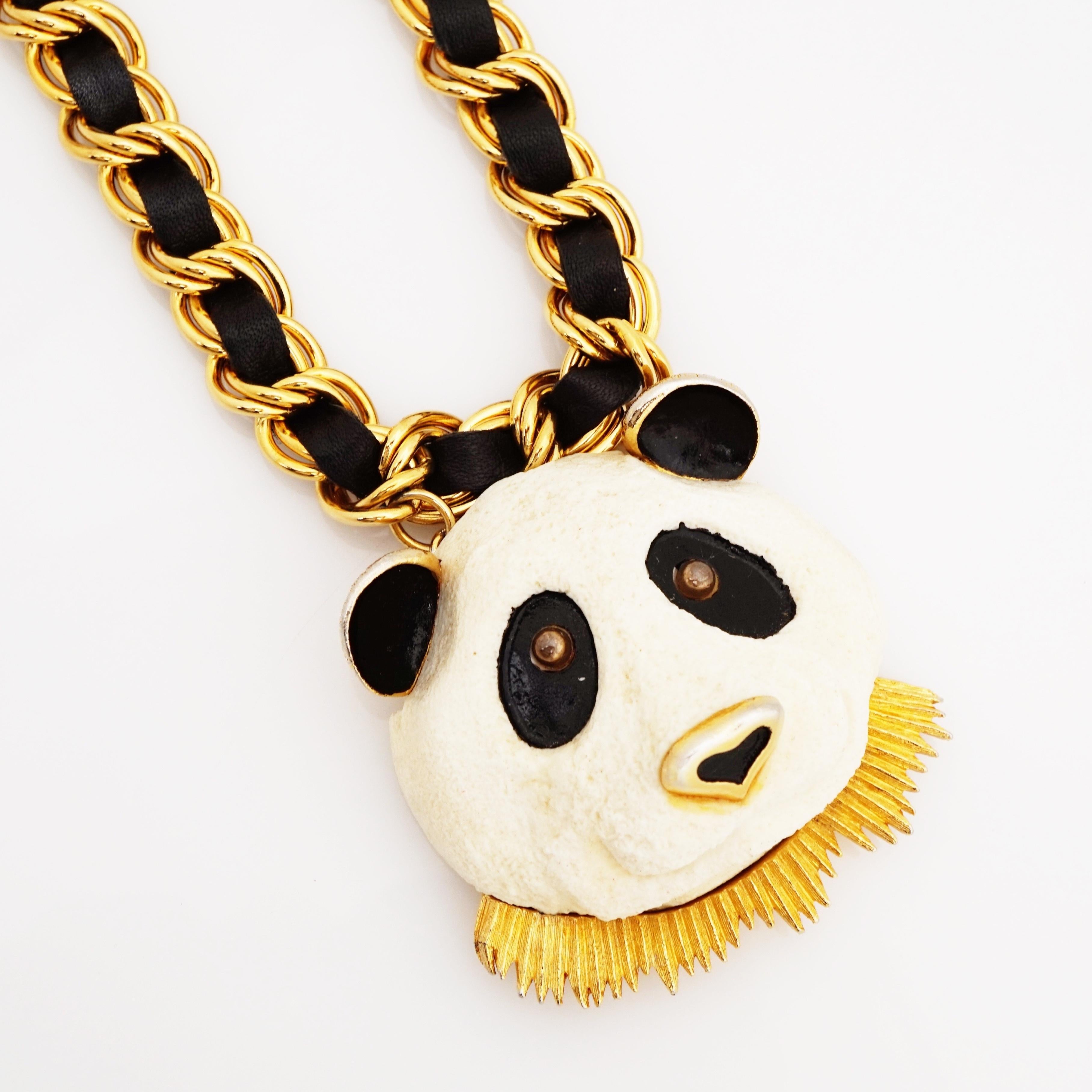 Modern 70s Panda Face Pendant Statement Necklace w Woven Black Leather Chain By RAZZA For Sale