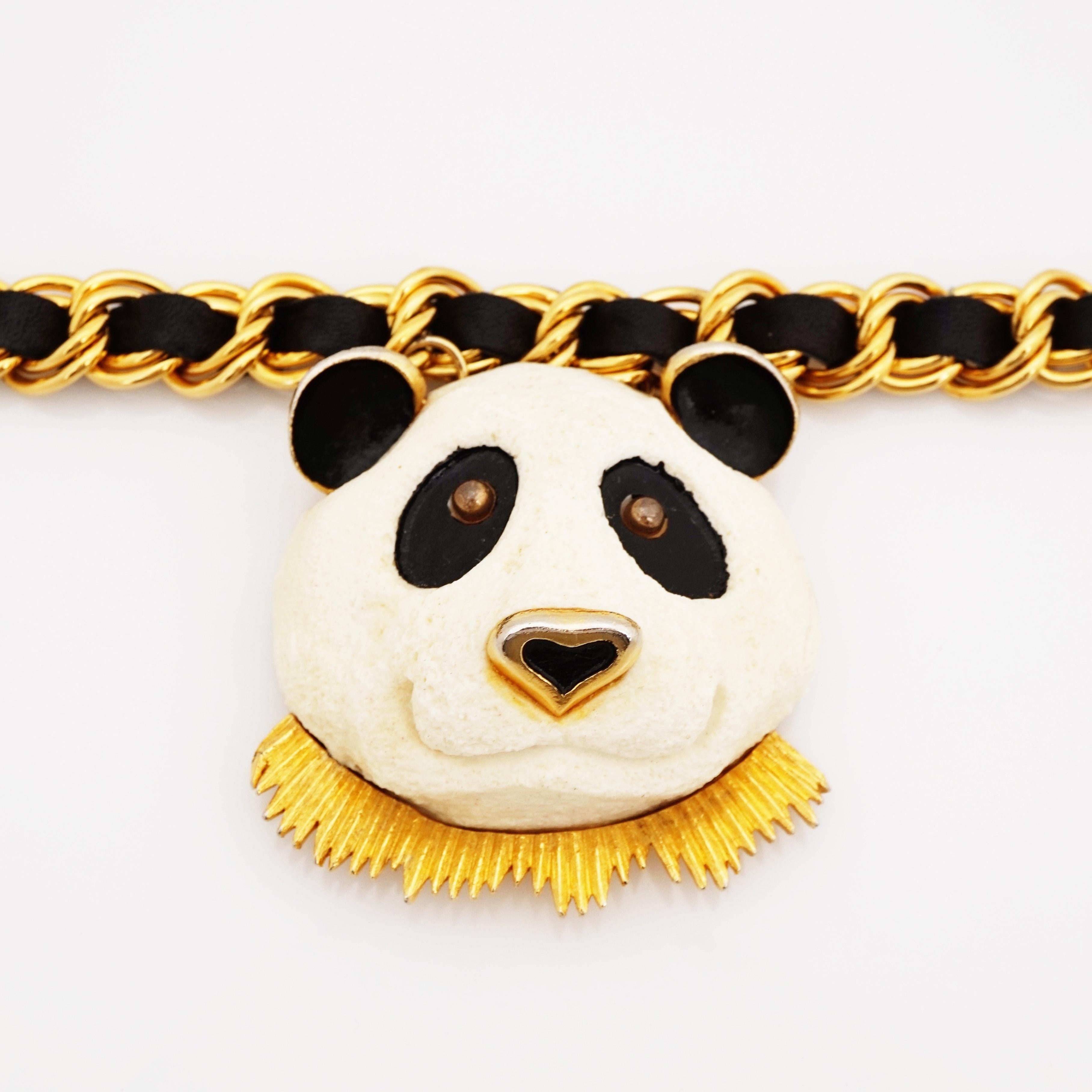 70s Panda Face Pendant Statement Necklace w Woven Black Leather Chain By RAZZA In Good Condition For Sale In McKinney, TX