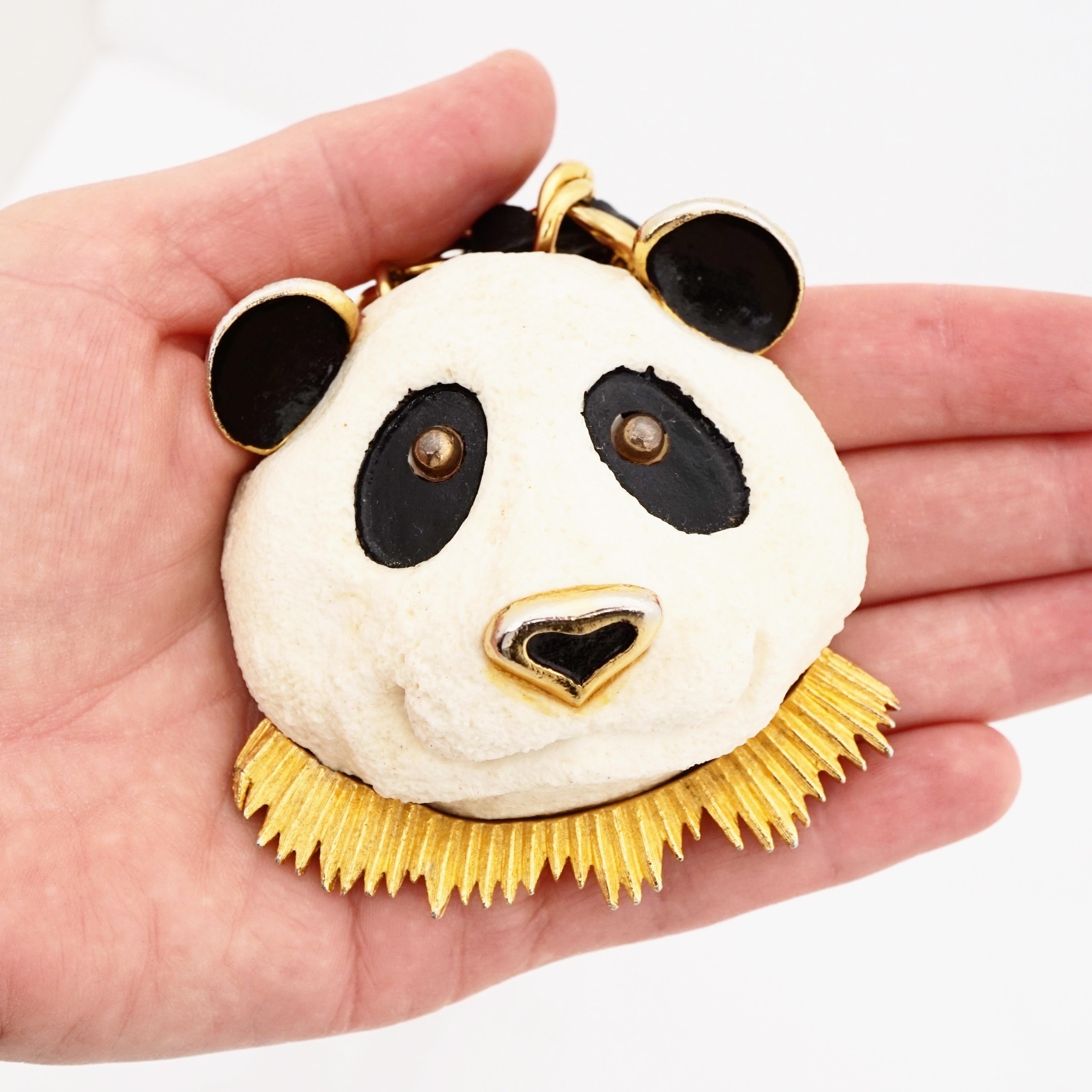 70s Panda Face Pendant Statement Necklace w Woven Black Leather Chain By RAZZA For Sale 4