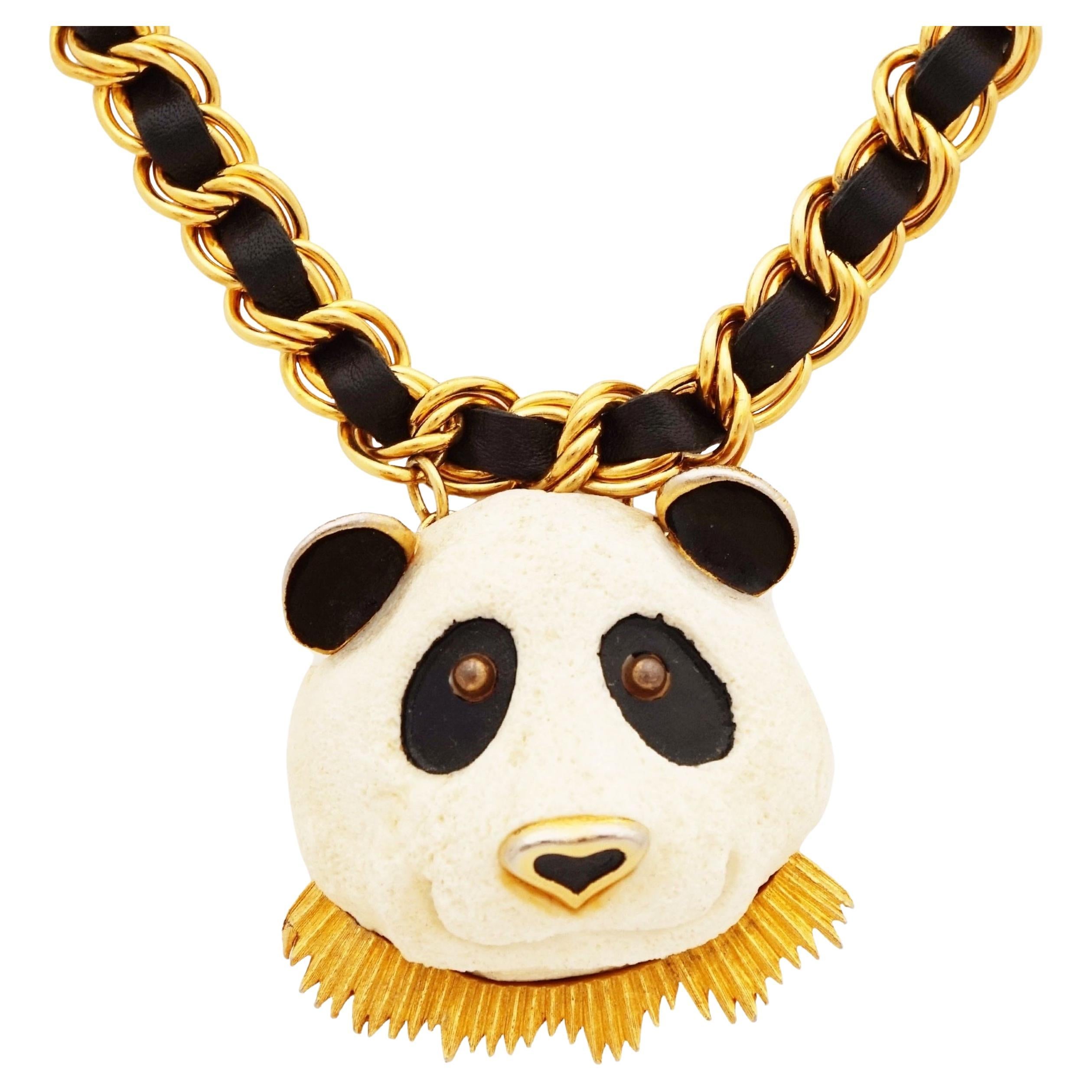 70s Panda Face Pendant Statement Necklace w Woven Black Leather Chain By RAZZA For Sale