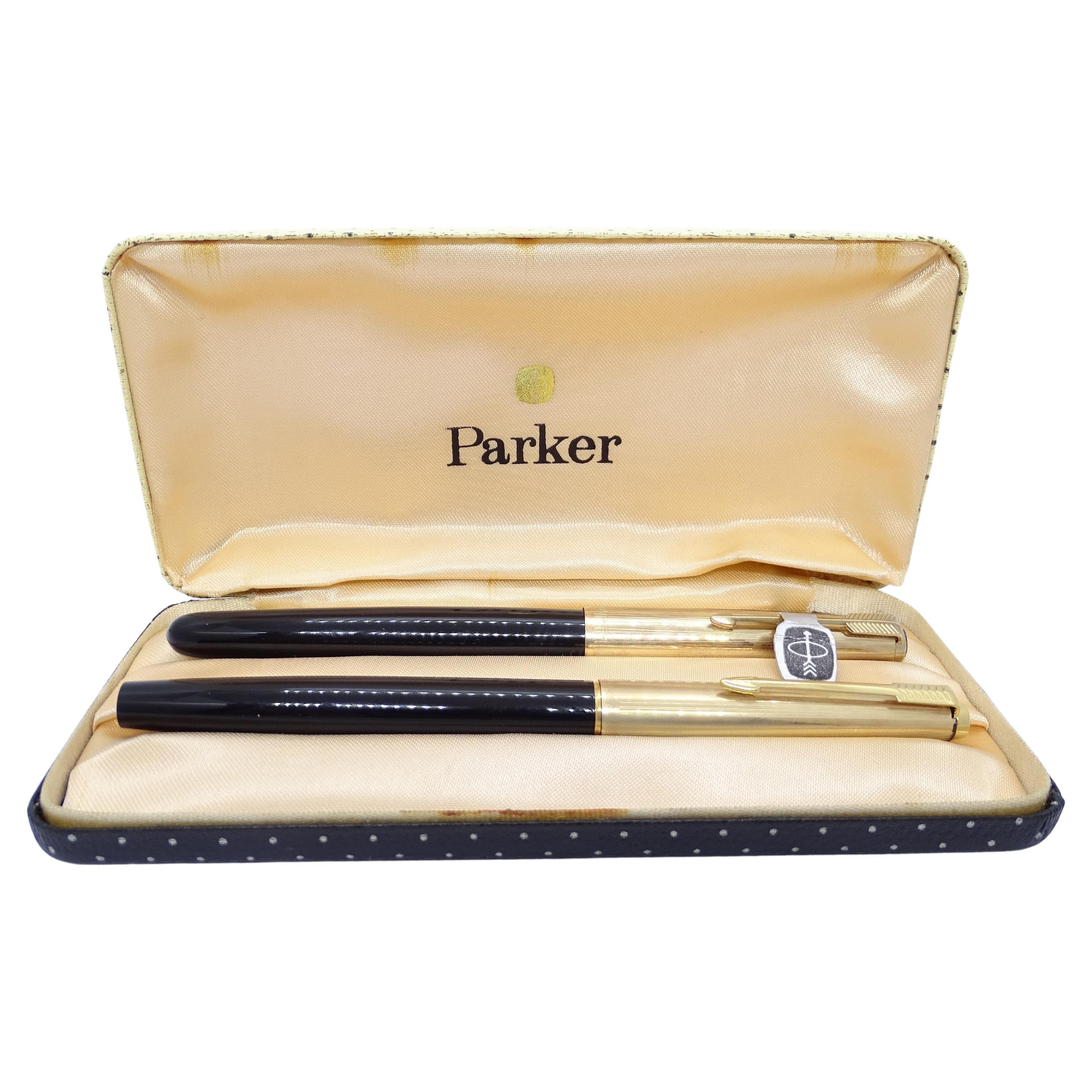 70s Parker fountain pen set, gold plated, case For Sale