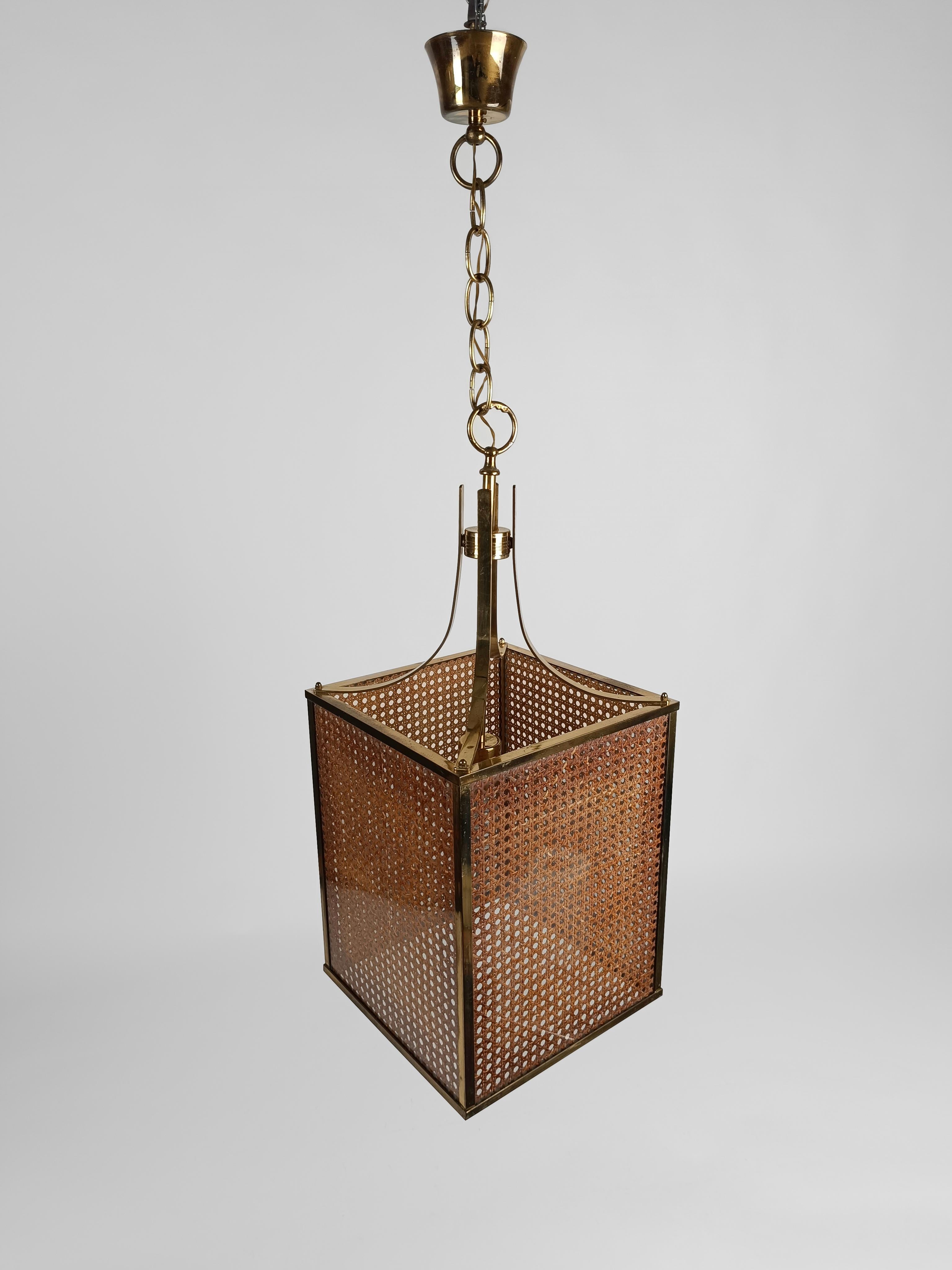 70s Pendant Light made in Brass Glass & Cane Webbing, Chinese Chippendale style  For Sale 6
