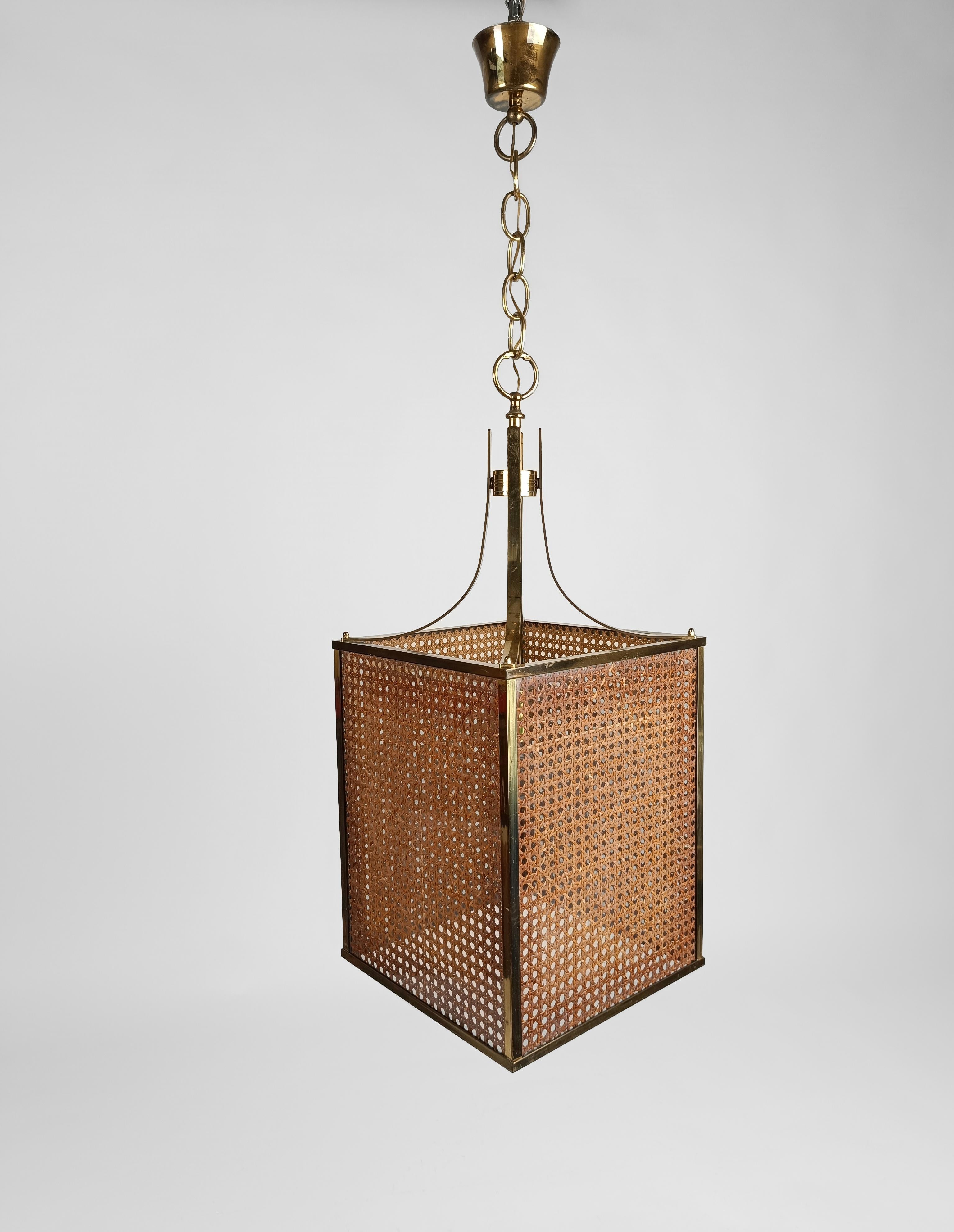 70s Pendant Light made in Brass Glass & Cane Webbing, Chinese Chippendale style  For Sale 10