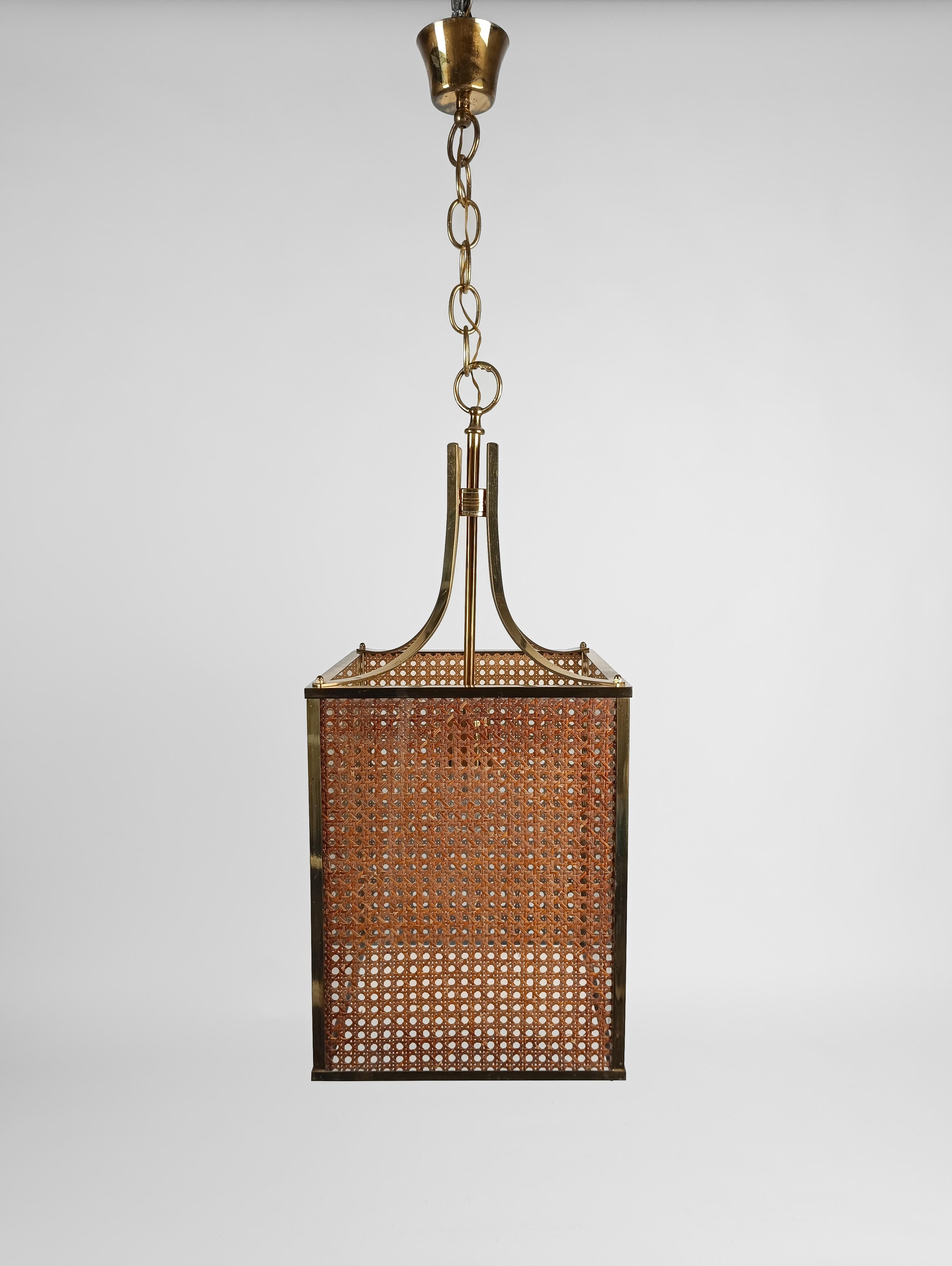 Late 20th Century 70s Pendant Light made in Brass Glass & Cane Webbing, Chinese Chippendale style  For Sale