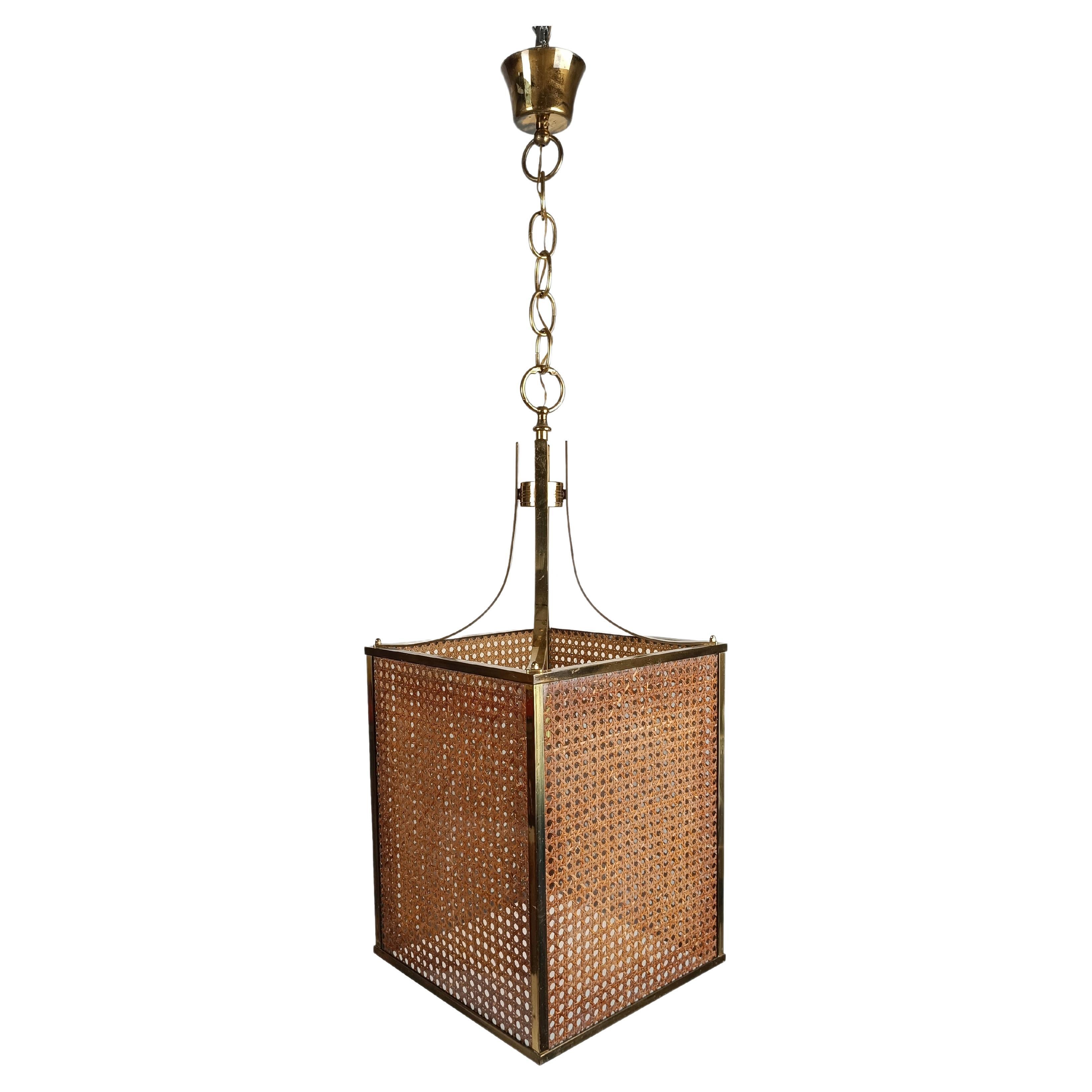 70s Pendant Light made in Brass Glass & Cane Webbing, Chinese Chippendale style  For Sale