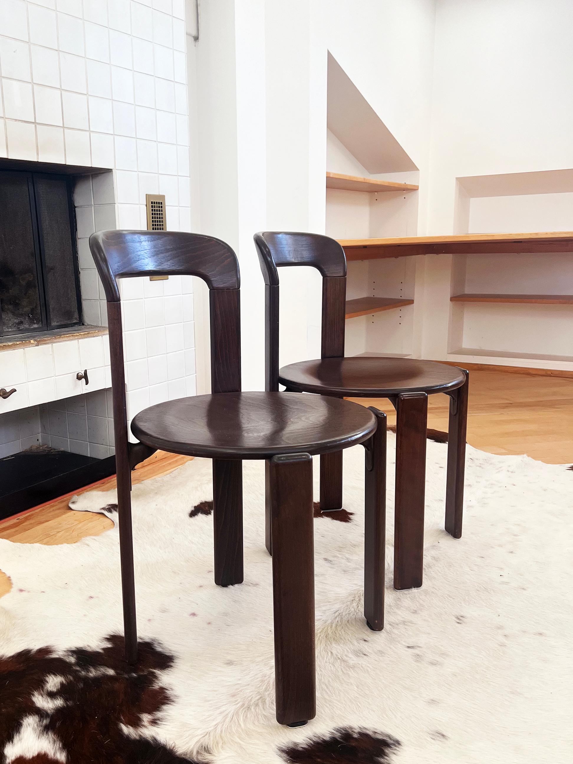Swiss 70s Postmodern Solid Dark Wood Dining Chairs Bruno Rey for Dietiker Switzerland