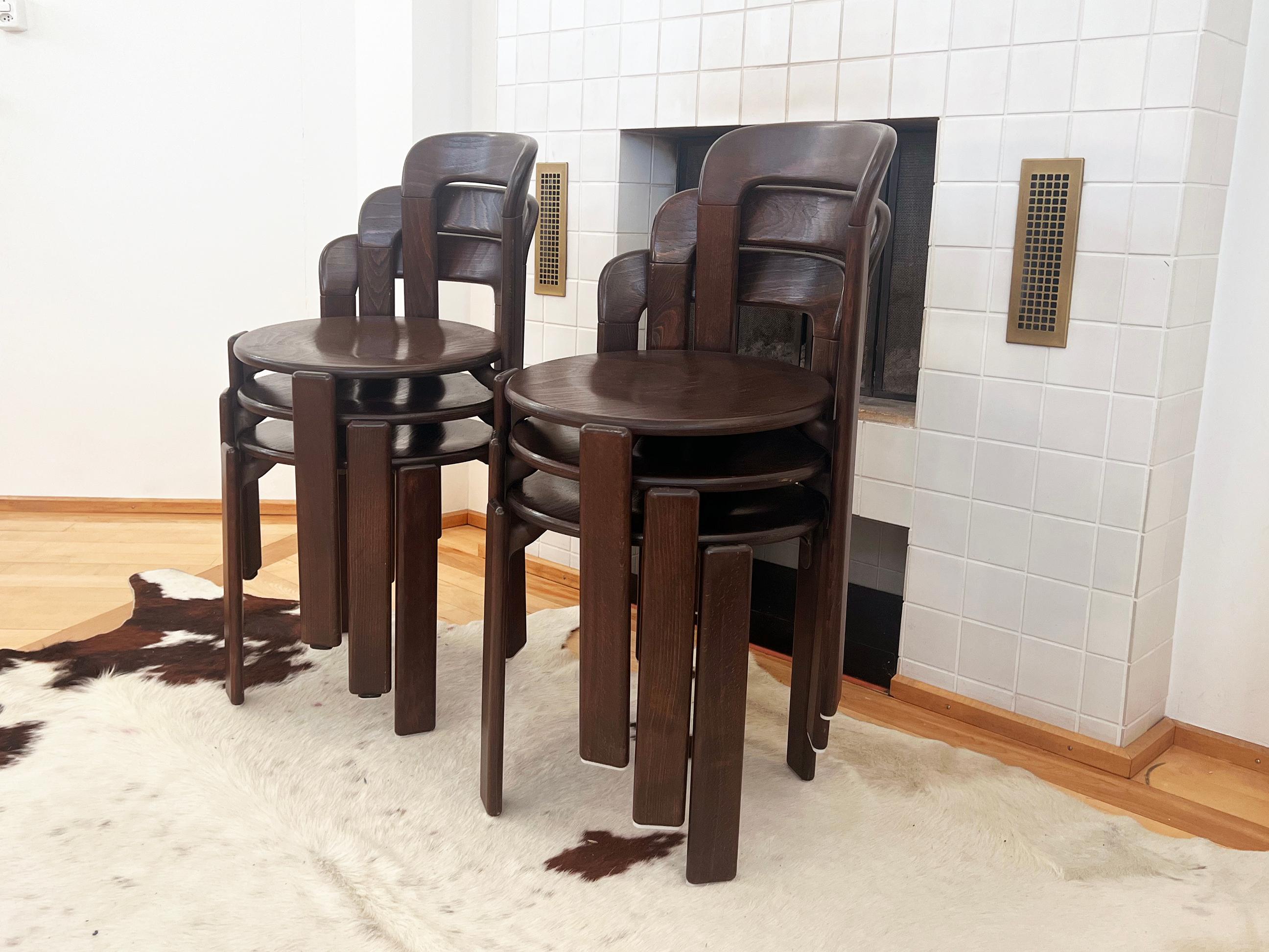 70s Postmodern Solid Dark Wood Dining Chairs Bruno Rey for Dietiker Switzerland In Good Condition In Basel, BS
