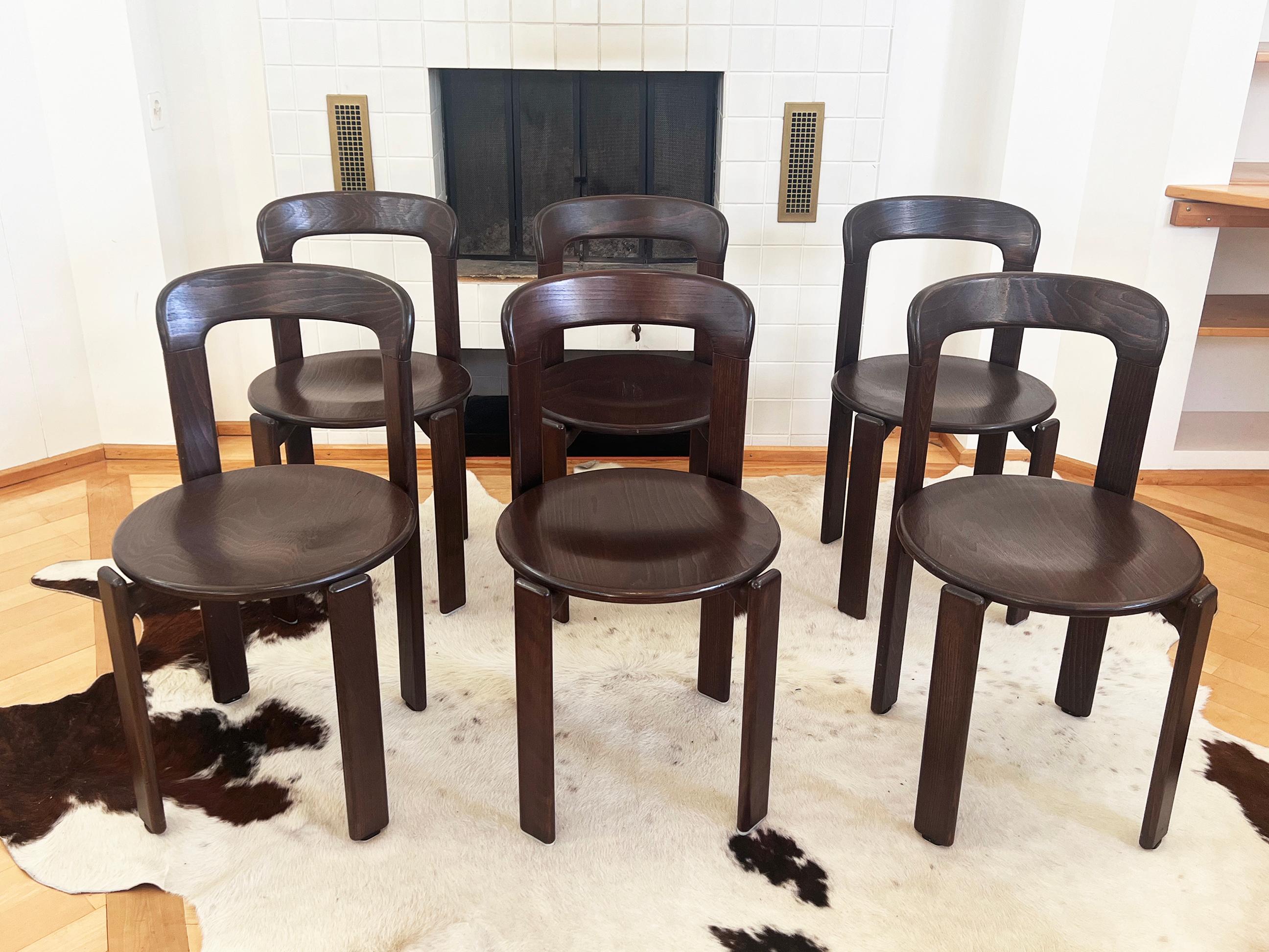 Late 20th Century 70s Postmodern Solid Dark Wood Dining Chairs Bruno Rey for Dietiker Switzerland
