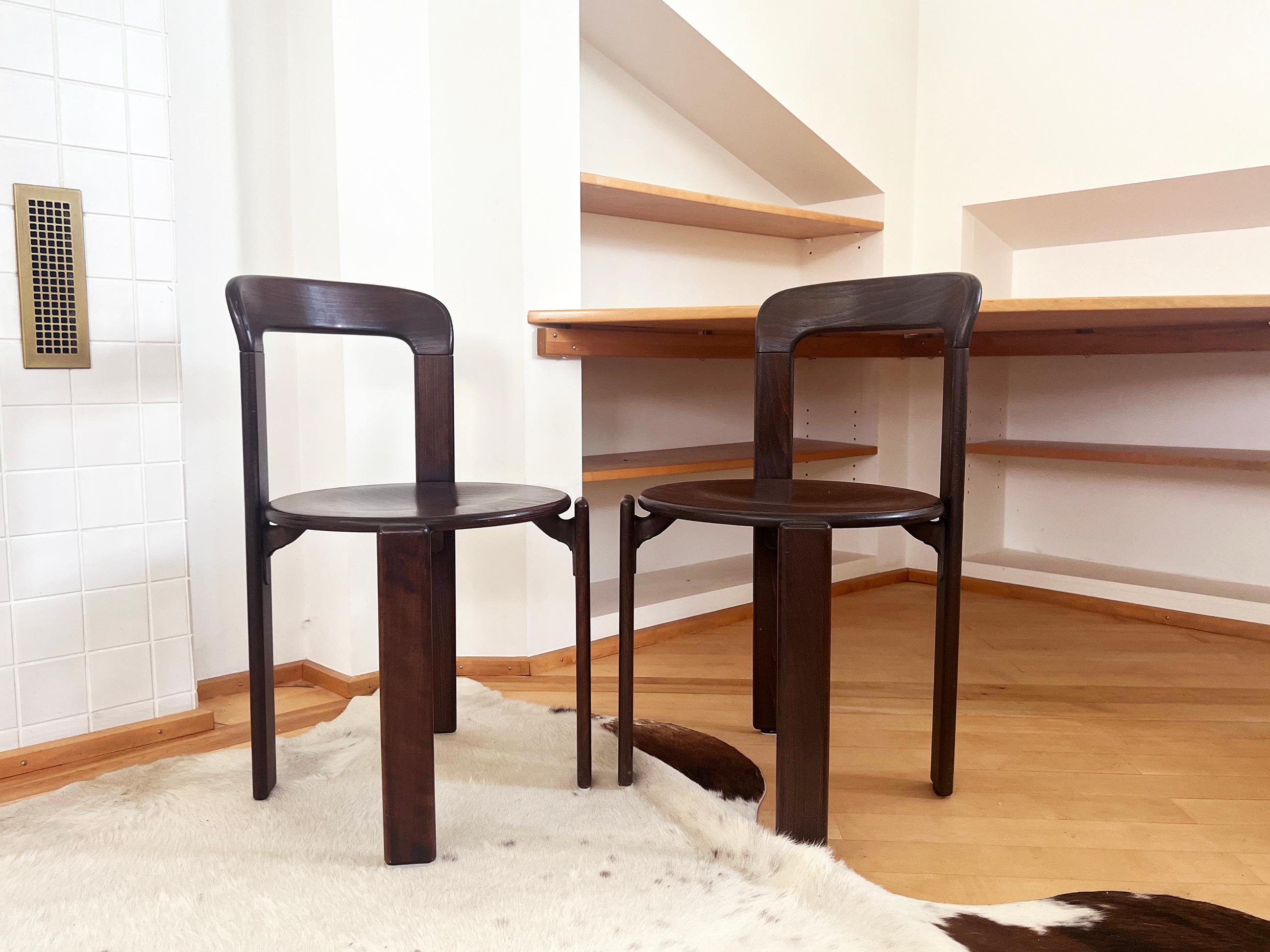 70s Postmodern Solid Dark Wood Dining Chairs Bruno Rey for Dietiker Switzerland 1