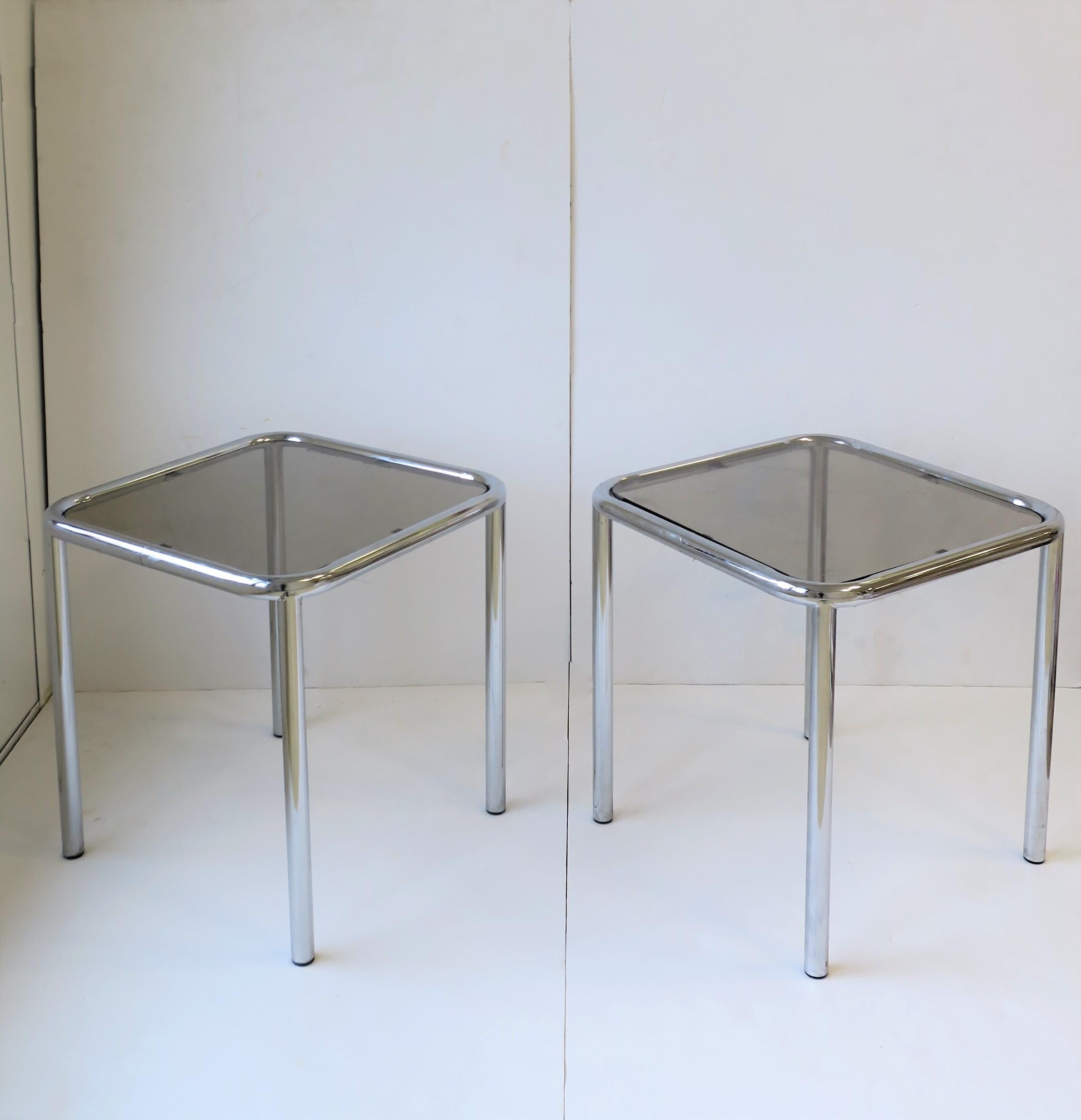 Postmodern Tubular End, Side, and Stacking Tables in Chrome and Glass, Pair 1