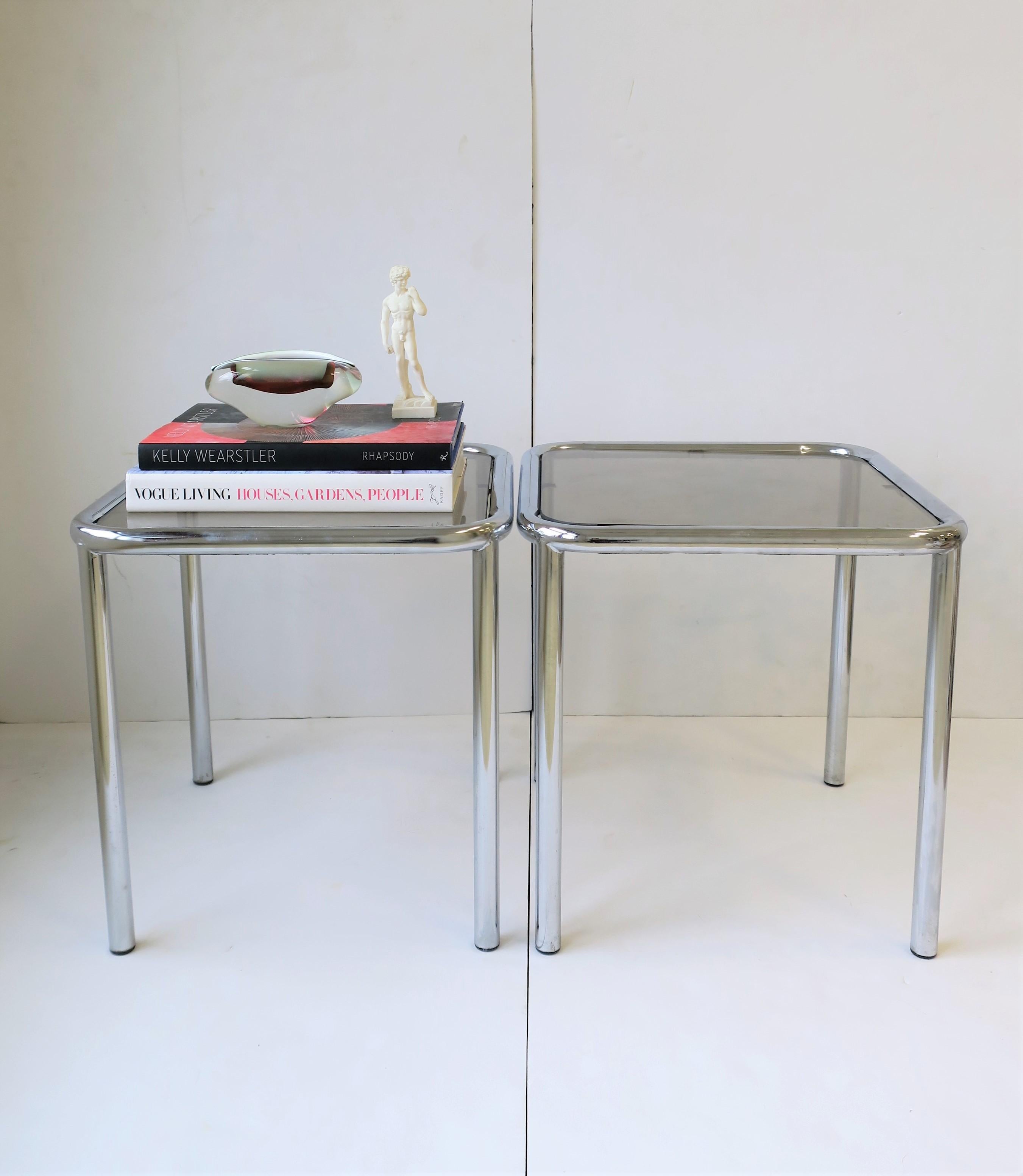 Late 20th Century Postmodern Tubular End, Side, and Stacking Tables in Chrome and Glass, Pair