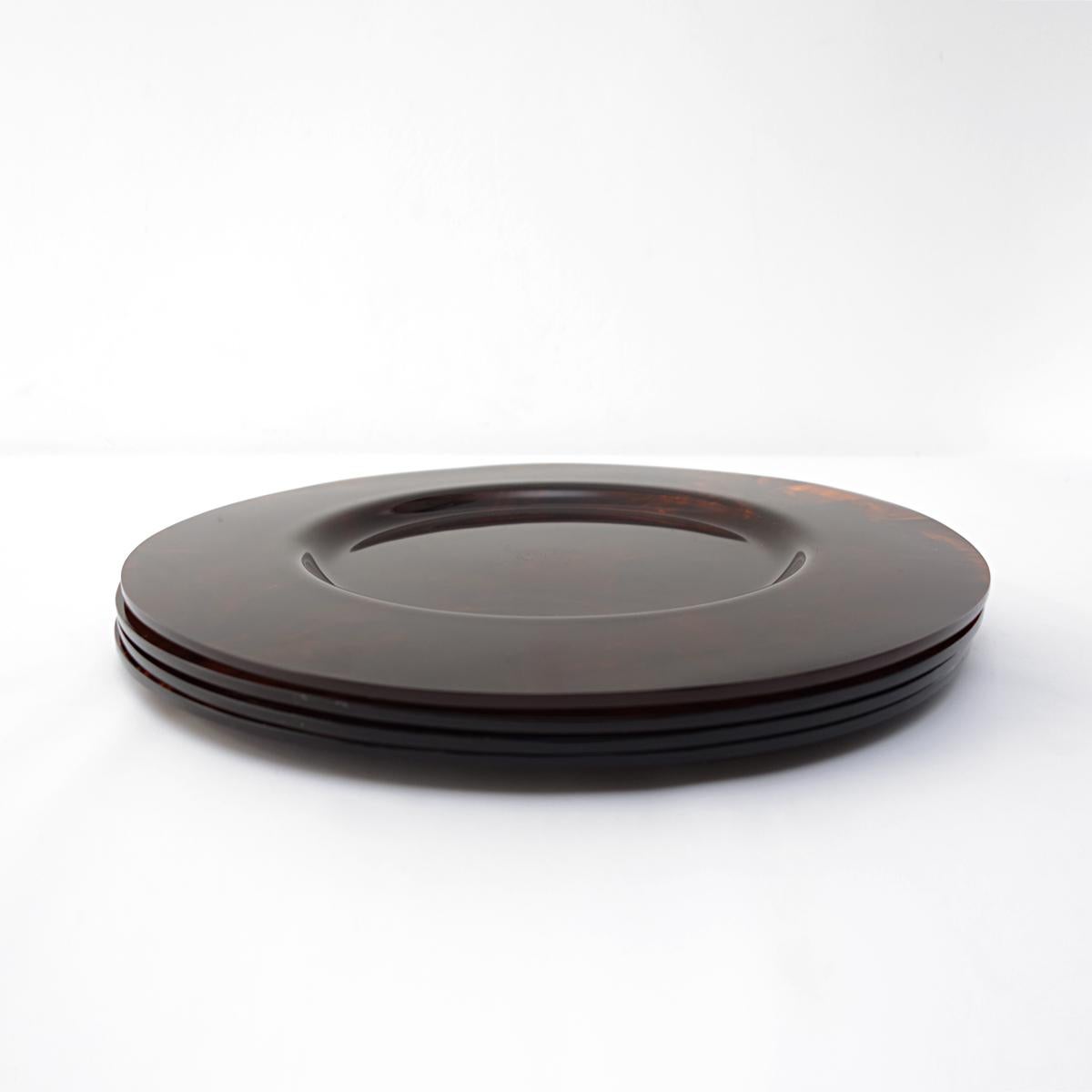 Lucite 70s Rare Octagonal Faux Tortoise Tray with Four Round Plates Attributed to Dior For Sale